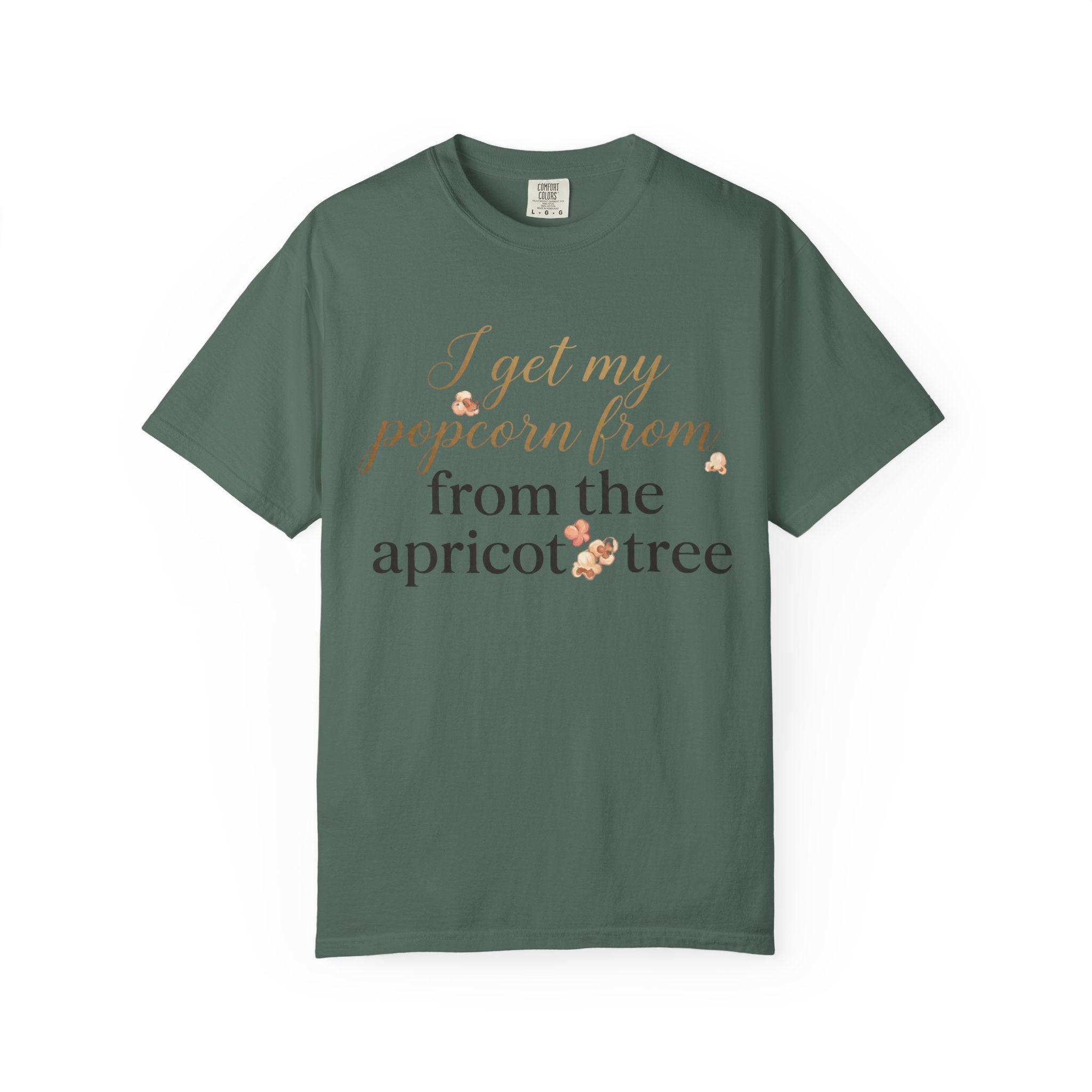 T-Shirt — “I Get My Popcorn From The Apricot Tree” Script Graphic Tee | Hymns | LDS |