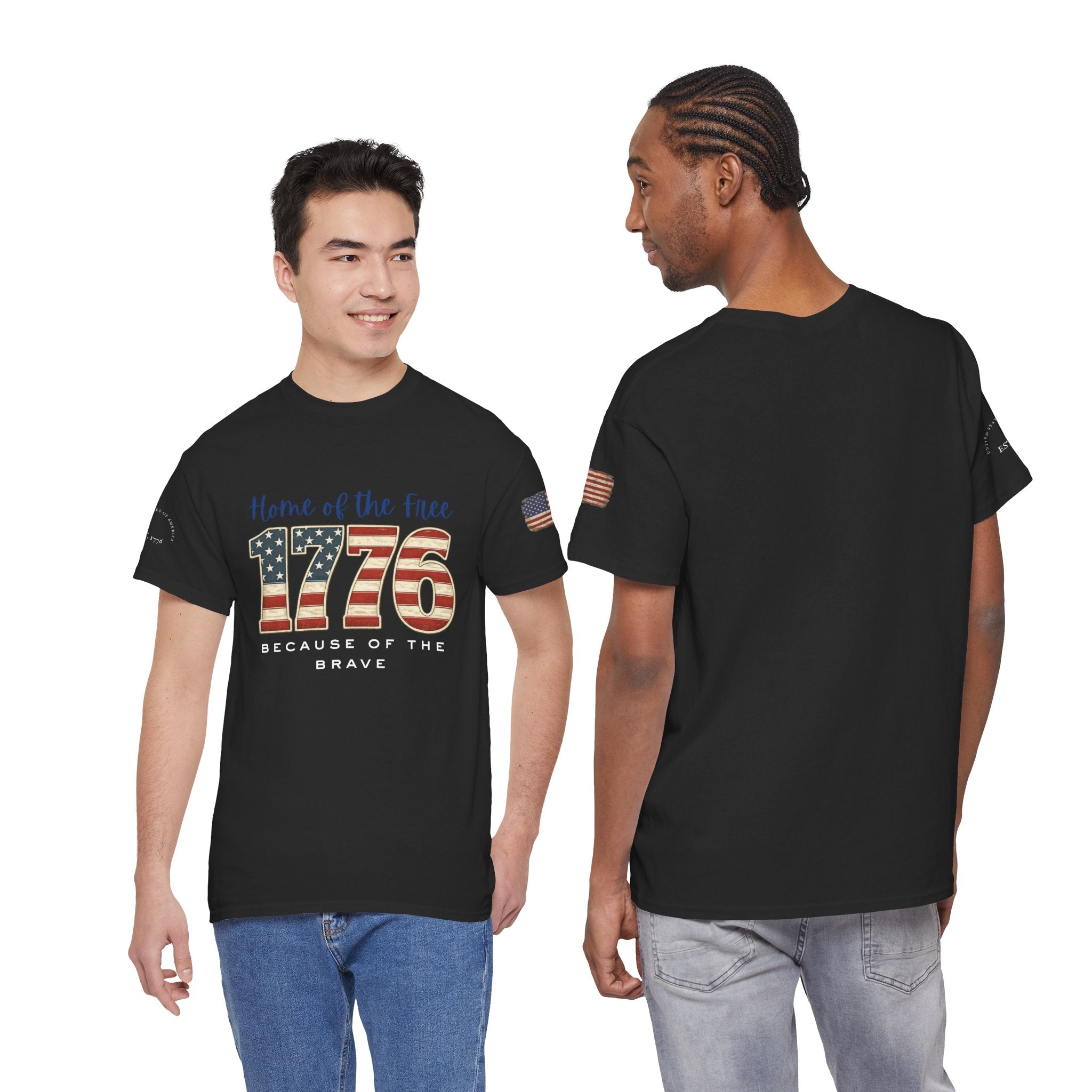 1776 American Flag Tee — "Home of the Free, Because of the Brave" Patriotic T-Shirt