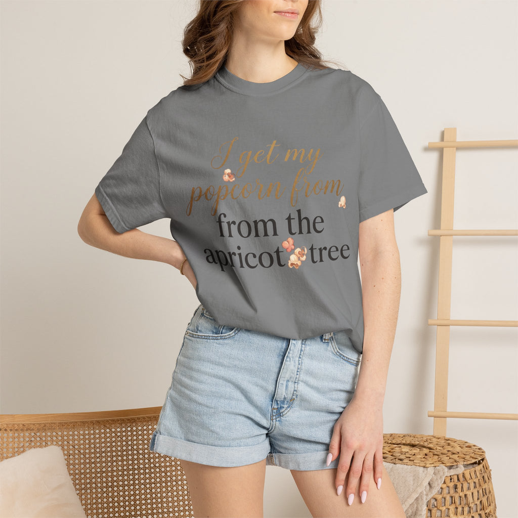 T-Shirt — “I Get My Popcorn From The Apricot Tree” Script Graphic Tee | Hymns | LDS |