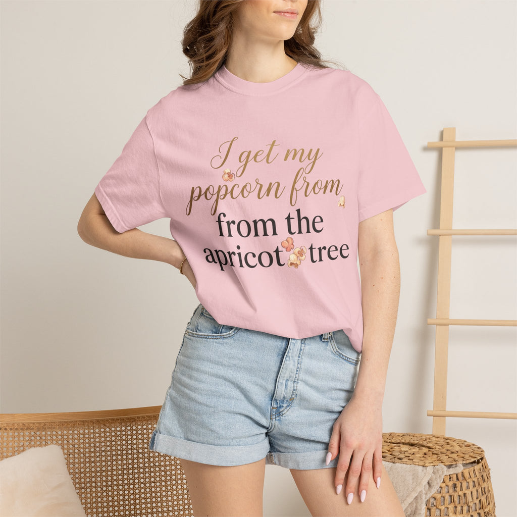 T-Shirt — “I Get My Popcorn From The Apricot Tree” Script Graphic Tee | Hymns | LDS |