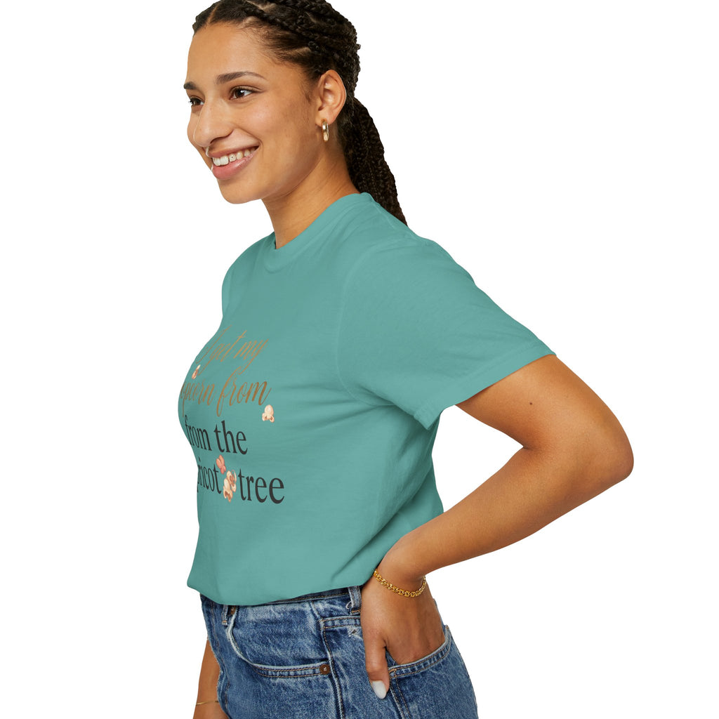 T-Shirt — “I Get My Popcorn From The Apricot Tree” Script Graphic Tee | Hymns | LDS |