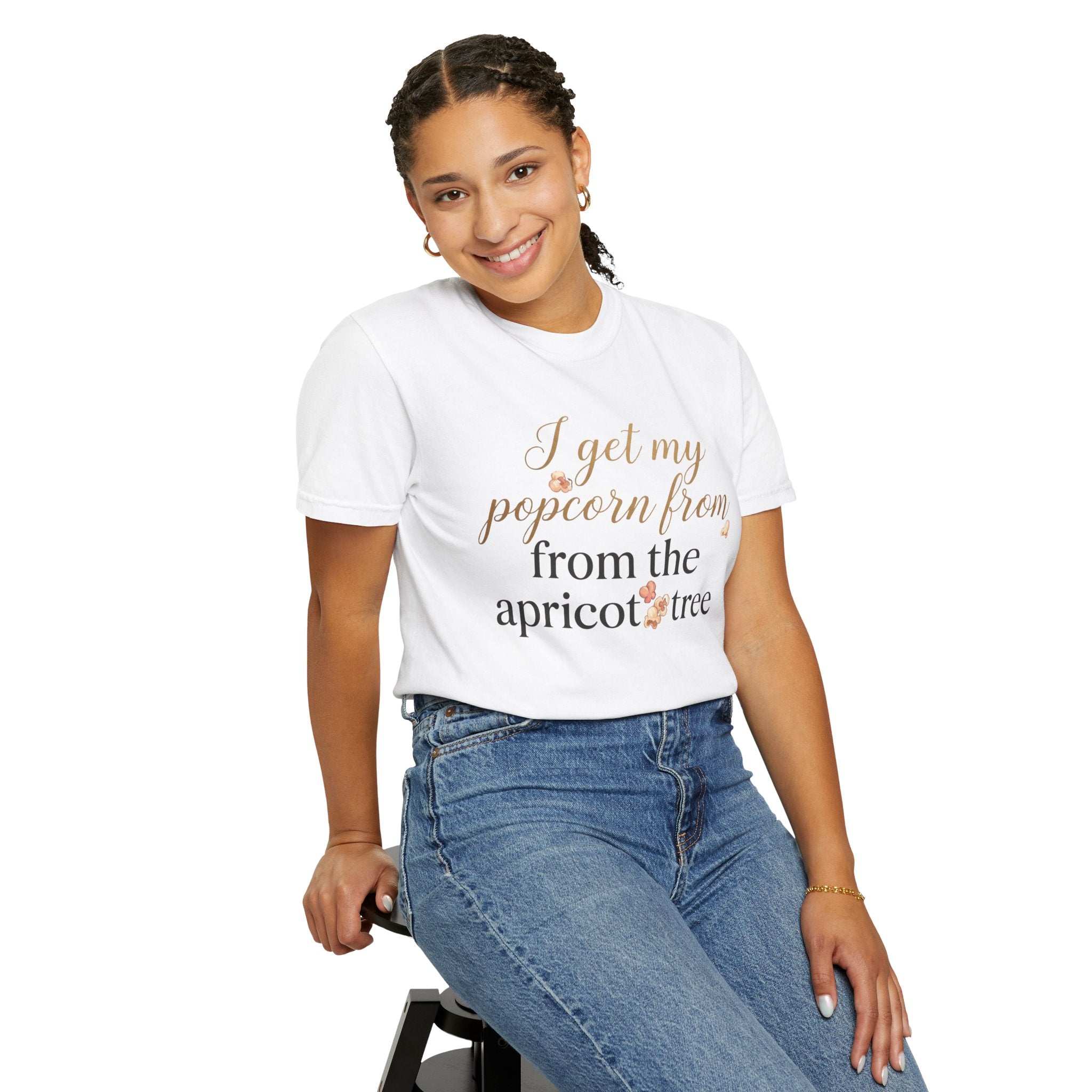 T-Shirt — “I Get My Popcorn From The Apricot Tree” Script Graphic Tee | Hymns | LDS |