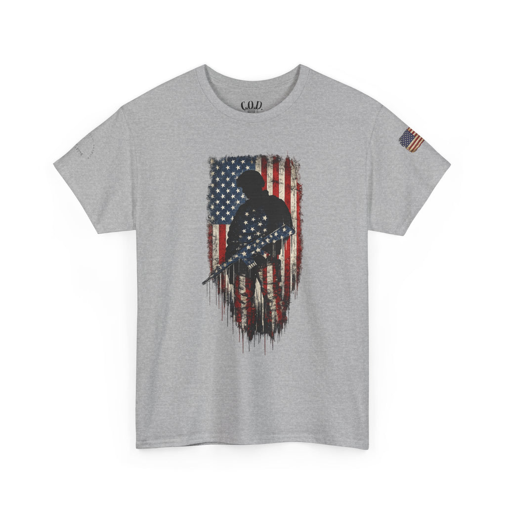 Patriotic Soldier Silhouette Tee — American Flag Military Veteran T-Shirt
