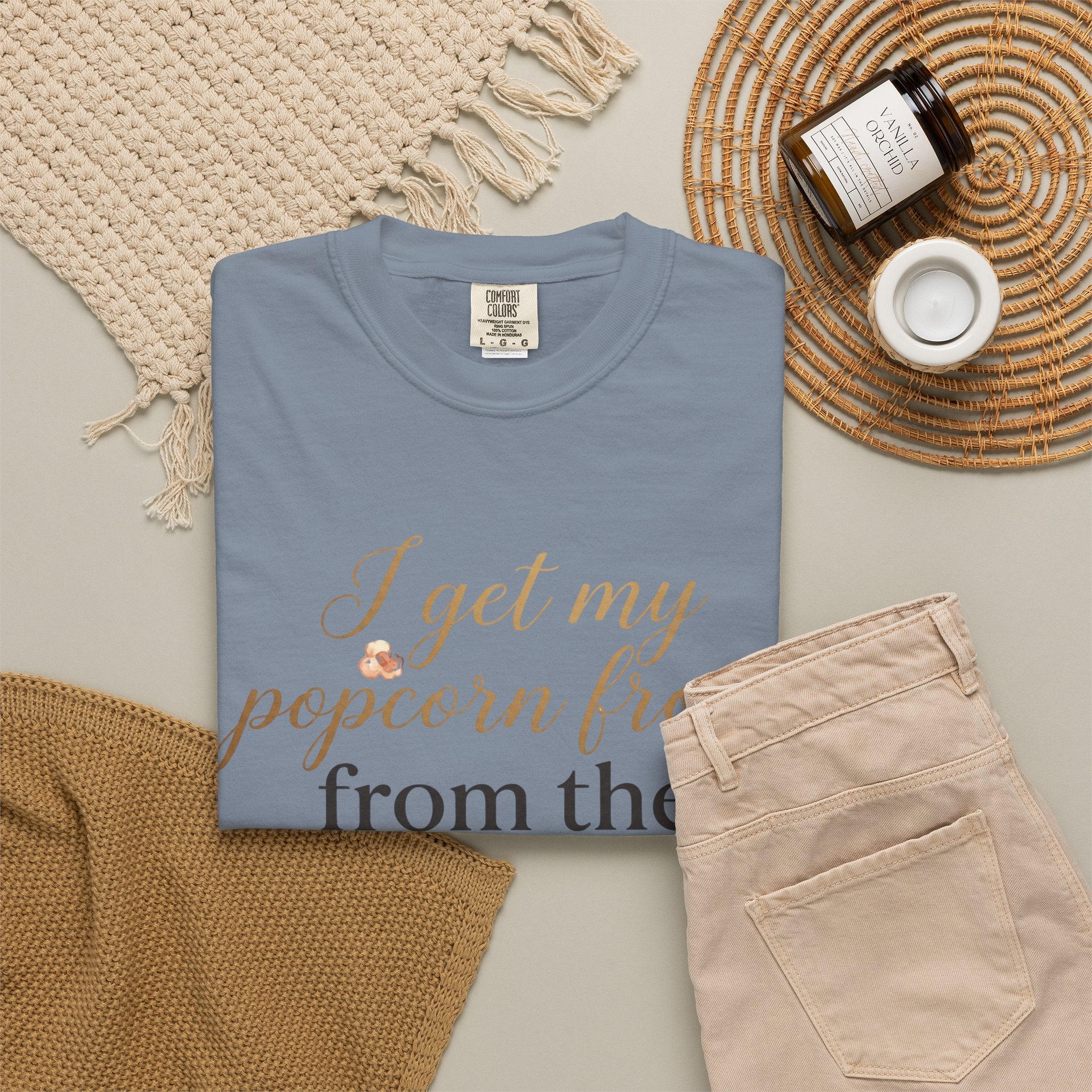 T-Shirt — “I Get My Popcorn From The Apricot Tree” Script Graphic Tee | Hymns | LDS |