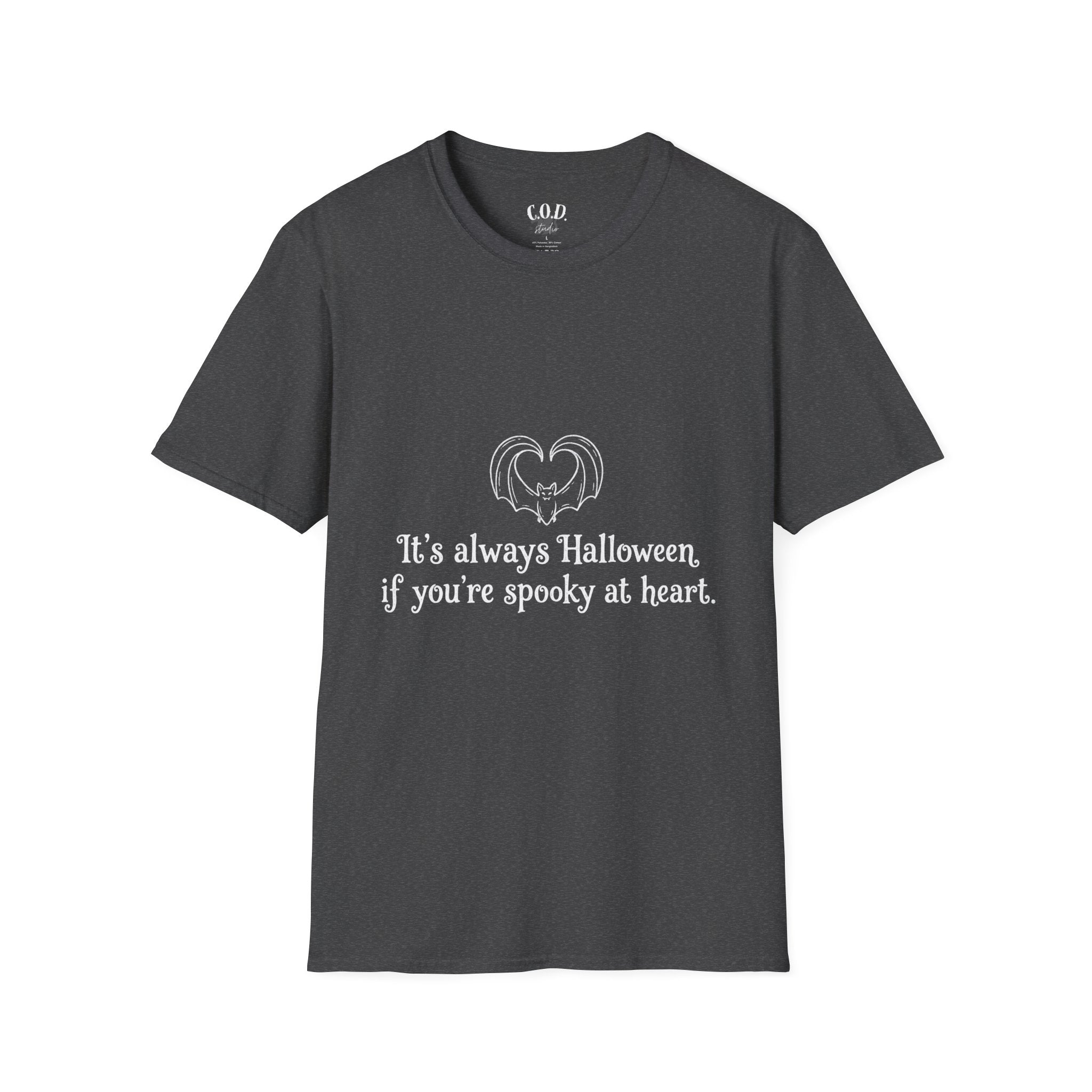 Halloween Bat Heart T-Shirt — "It's Always Halloween If You're Spooky at Heart"
