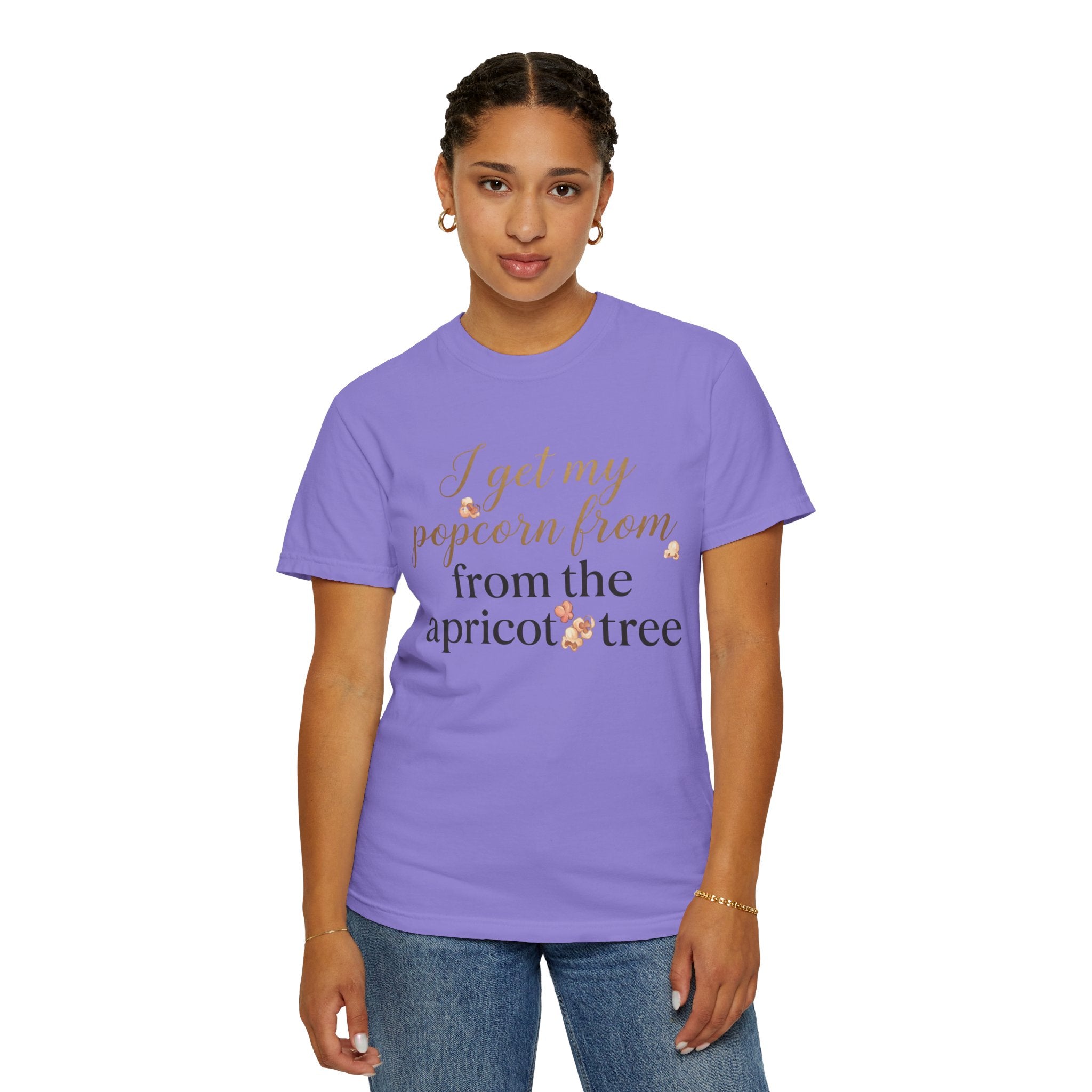 T-Shirt — “I Get My Popcorn From The Apricot Tree” Script Graphic Tee | Hymns | LDS |