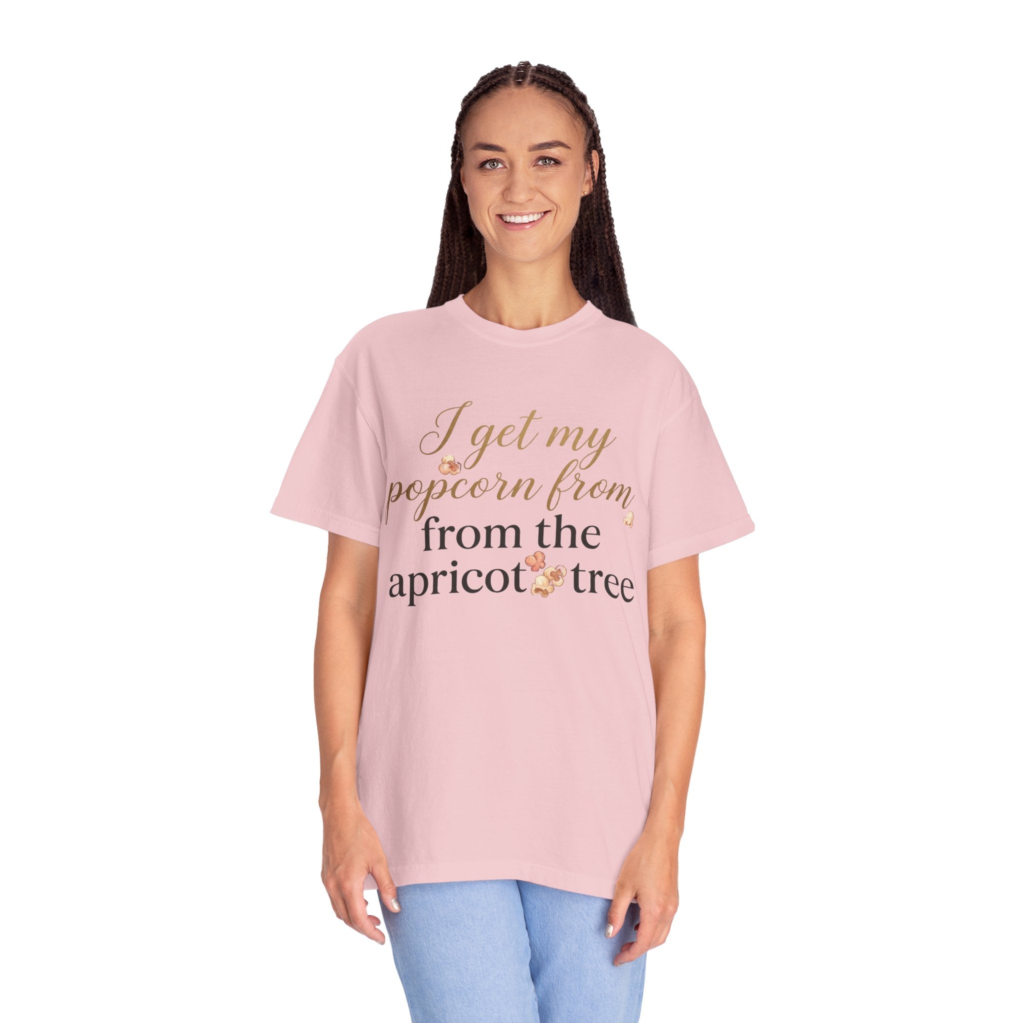 T-Shirt — “I Get My Popcorn From The Apricot Tree” Script Graphic Tee | Hymns | LDS |