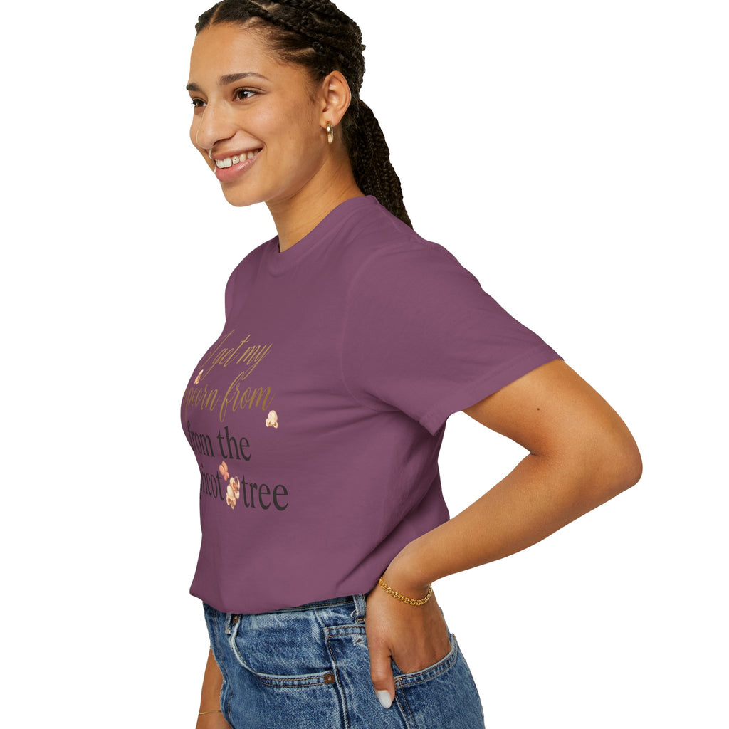 T-Shirt — “I Get My Popcorn From The Apricot Tree” Script Graphic Tee | Hymns | LDS |