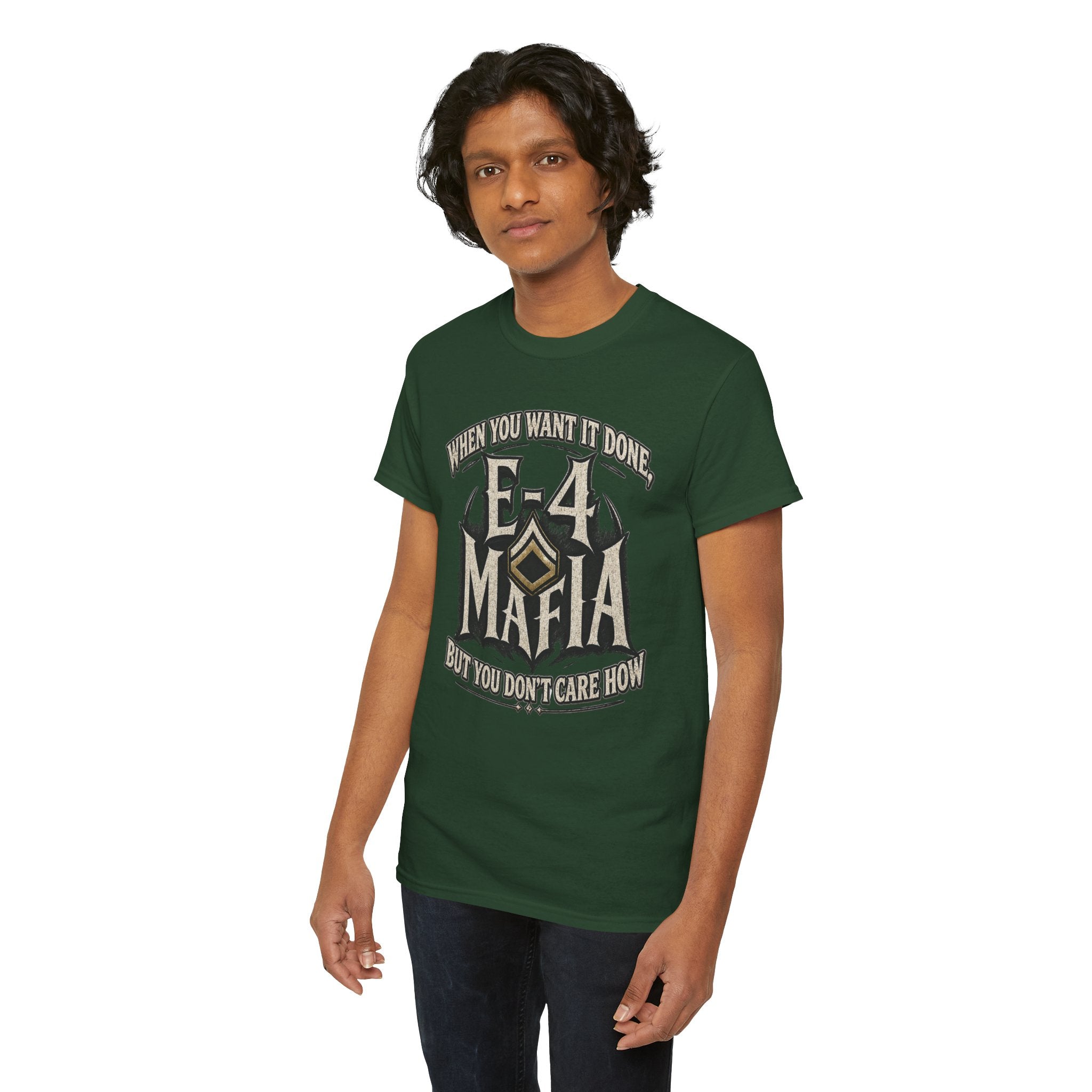 T-Shirt — "E-4 Mafia" Graphic Tee: "When You Want It Done, But You Don’t Care How" Vintage-Style Food Humor
