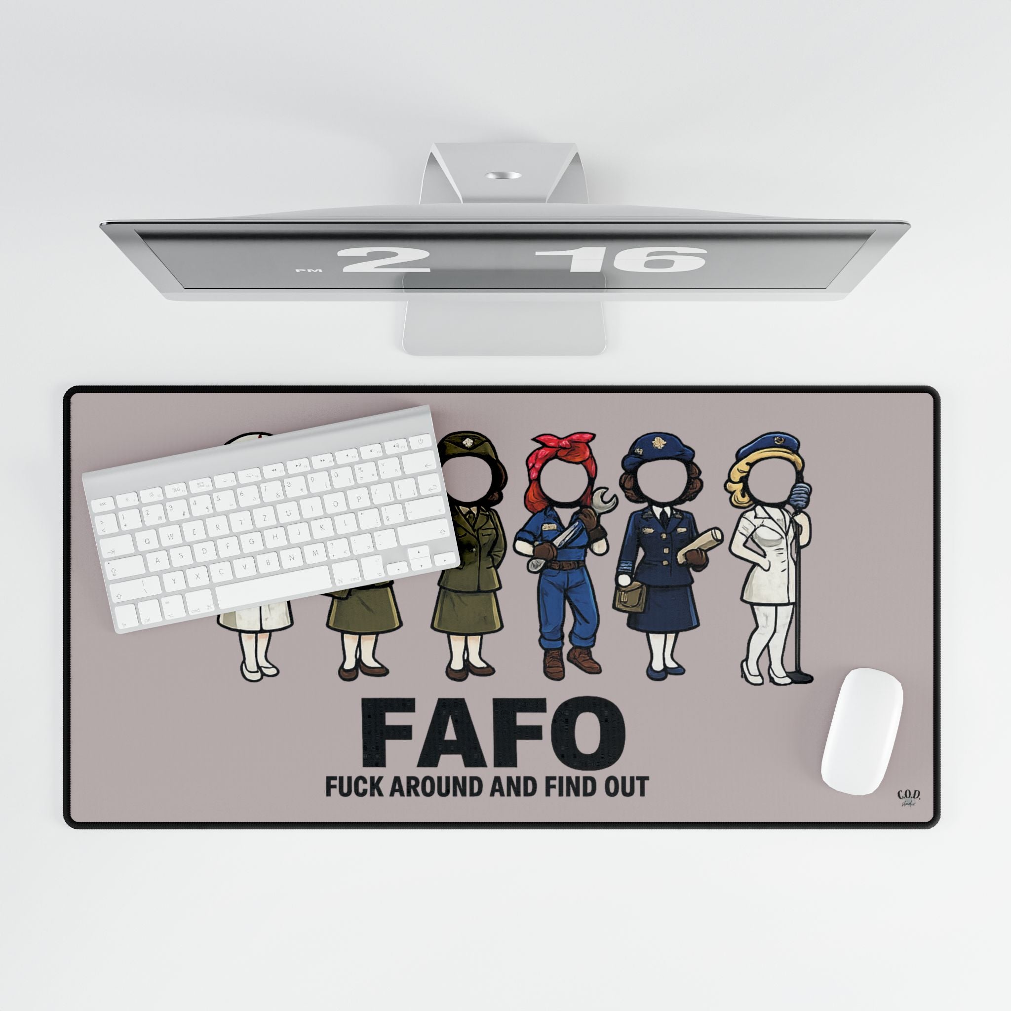 FAFO Desk Mat – Vintage Rosie & Women in Uniform Gaming/Office Mouse Pad ("Fuck Around and Find Out")