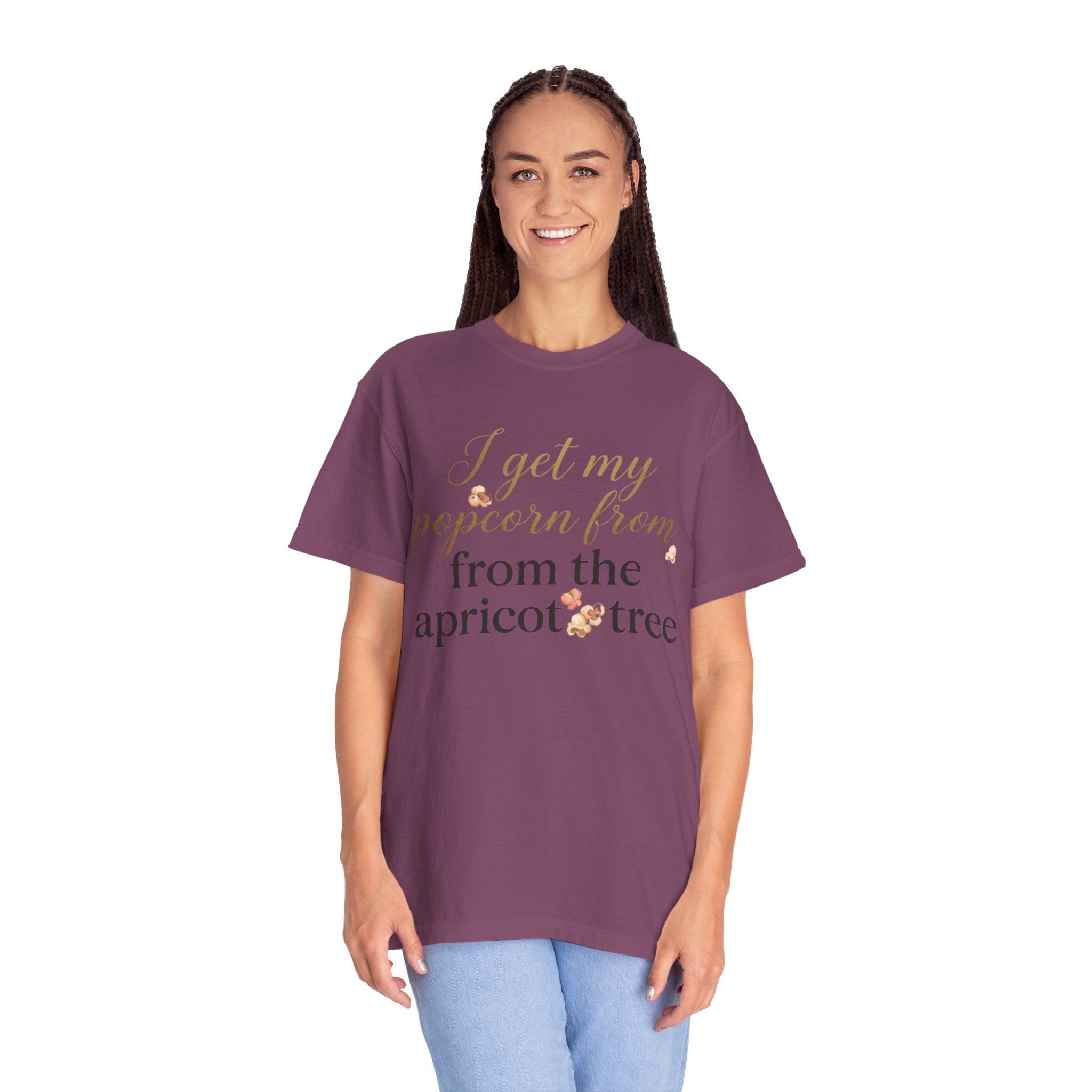 T-Shirt — “I Get My Popcorn From The Apricot Tree” Script Graphic Tee | Hymns | LDS |