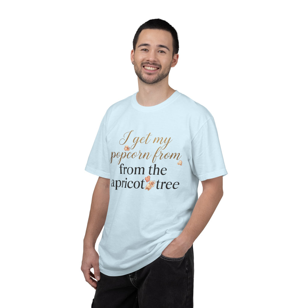T-Shirt — “I Get My Popcorn From The Apricot Tree” Script Graphic Tee | Hymns | LDS |