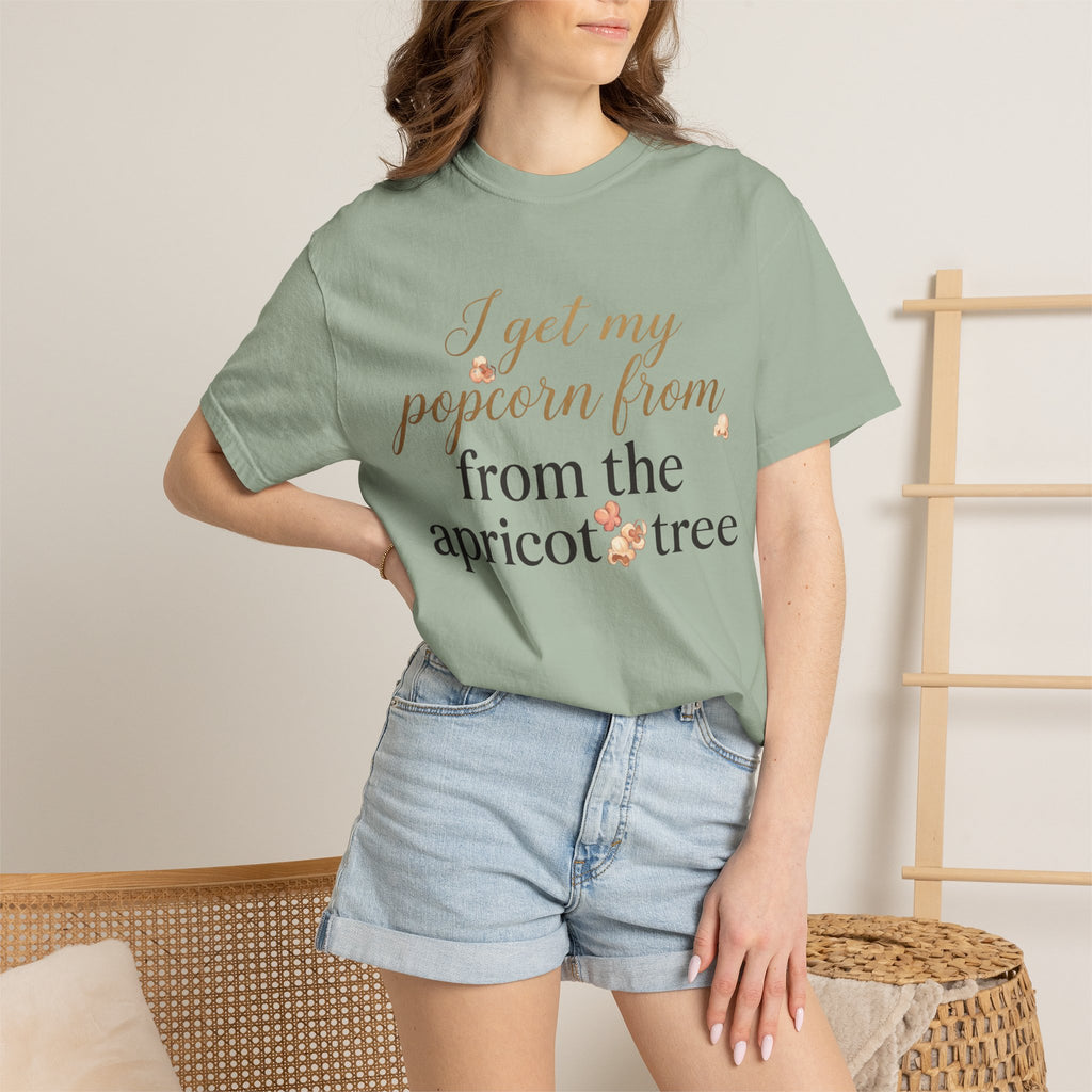 T-Shirt — “I Get My Popcorn From The Apricot Tree” Script Graphic Tee | Hymns | LDS |