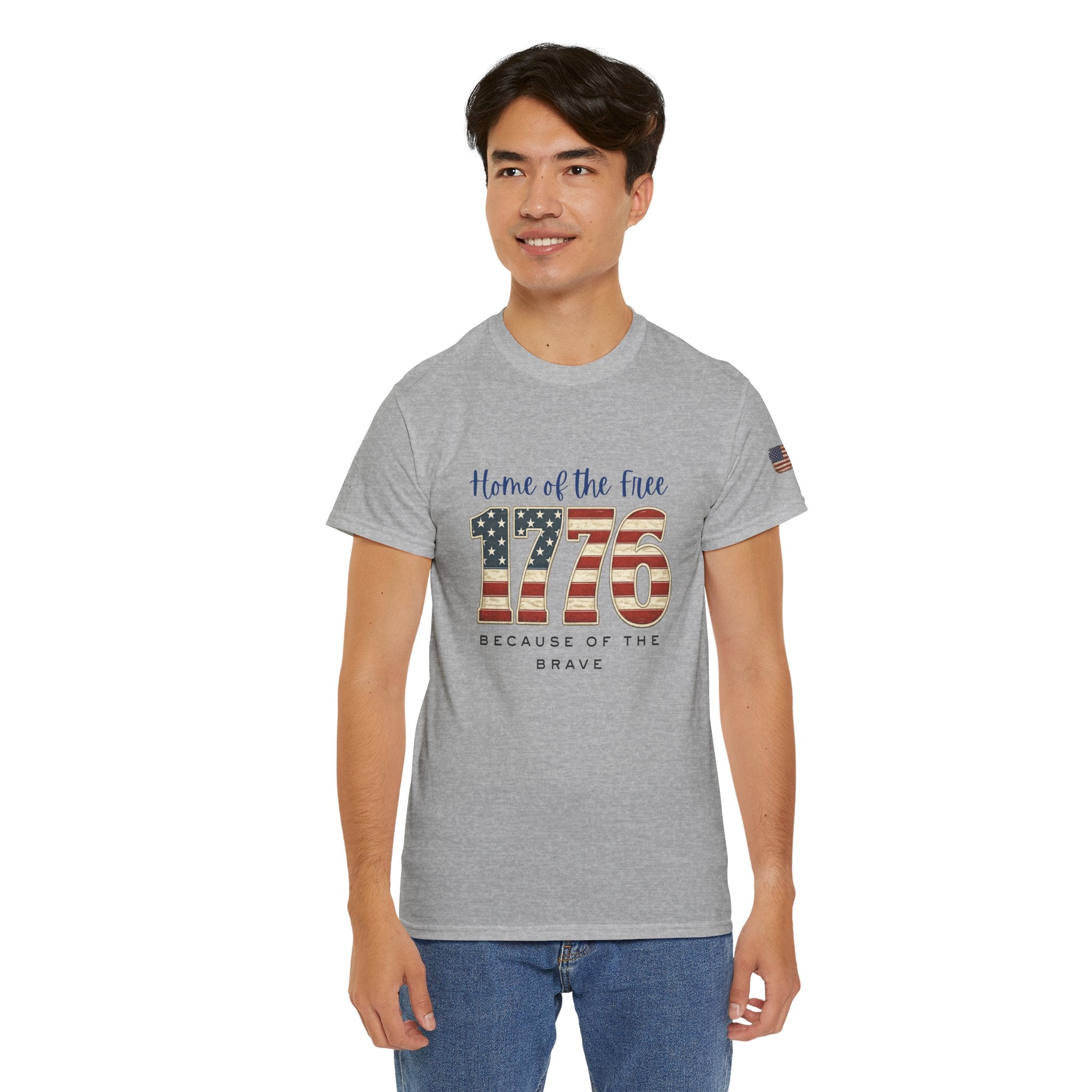 1776 American Flag Tee — "Home of the Free, Because of the Brave" Patriotic T-Shirt