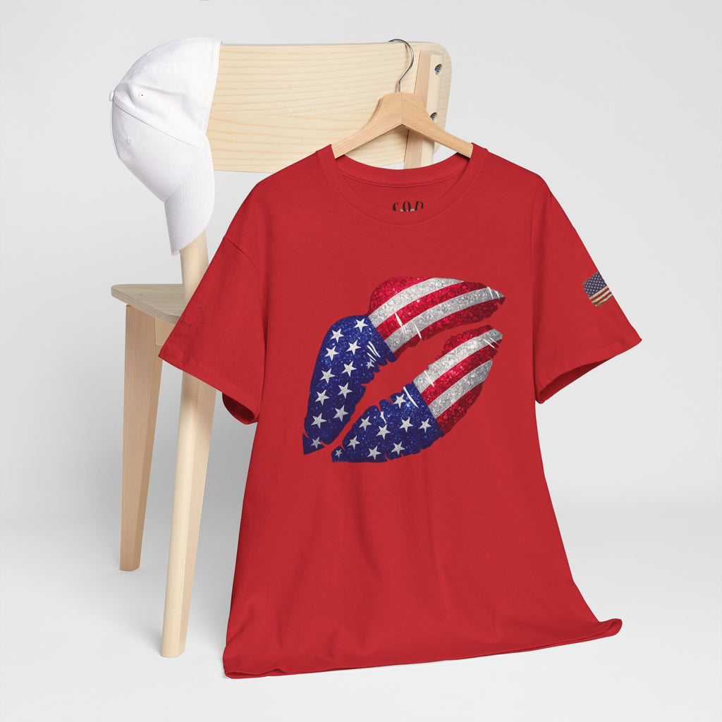 American Flag Kiss T‑Shirt – Patriotic USA Lip Print Tee for 4th of July