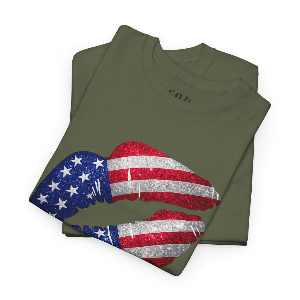 American Flag Kiss T‑Shirt – Patriotic USA Lip Print Tee for 4th of July