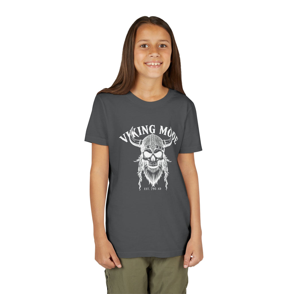 Viking Mode Youth T‑Shirt — Skull Horned Helmet Graphic Tee for Kids