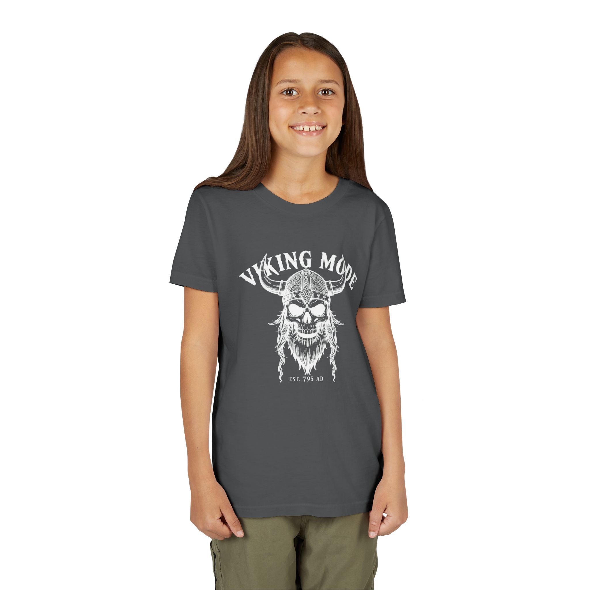 Viking Mode Youth T‑Shirt — Skull Horned Helmet Graphic Tee for Kids