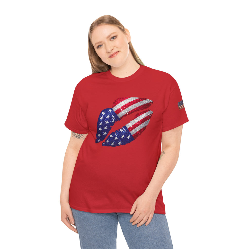 American Flag Kiss T‑Shirt – Patriotic USA Lip Print Tee for 4th of July