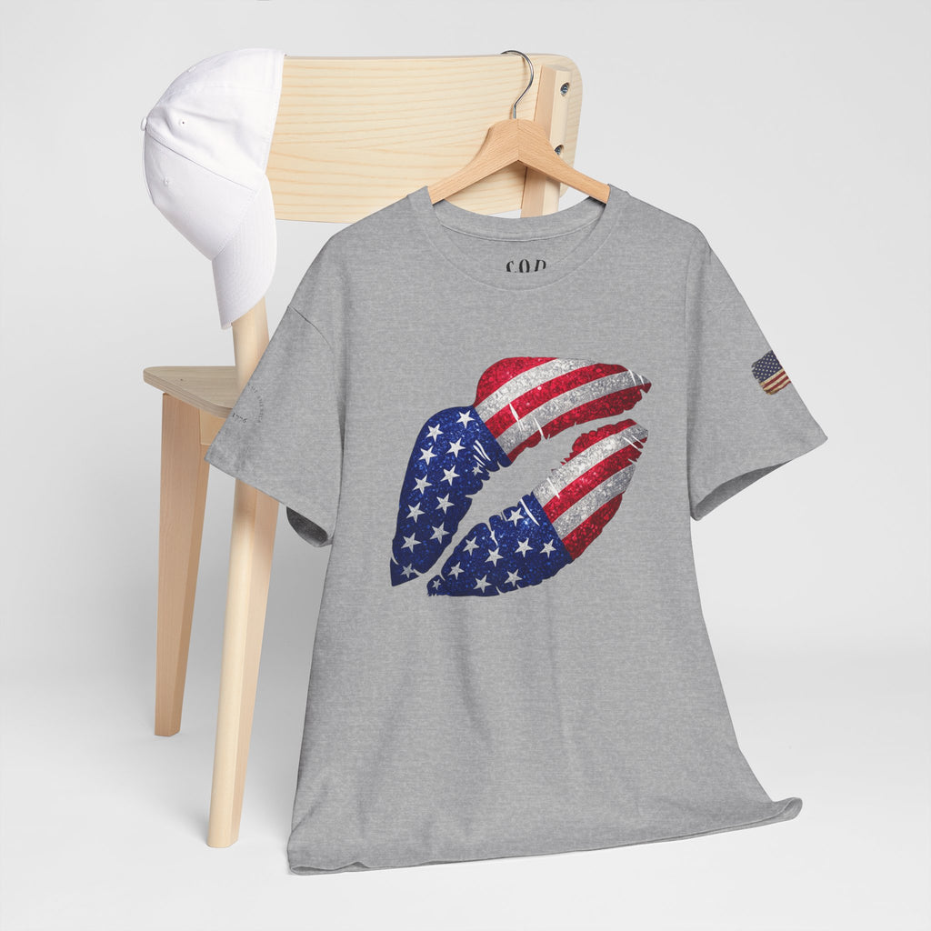American Flag Kiss T‑Shirt – Patriotic USA Lip Print Tee for 4th of July