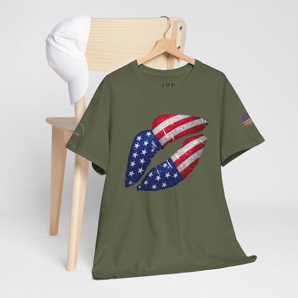 American Flag Kiss T‑Shirt – Patriotic USA Lip Print Tee for 4th of July