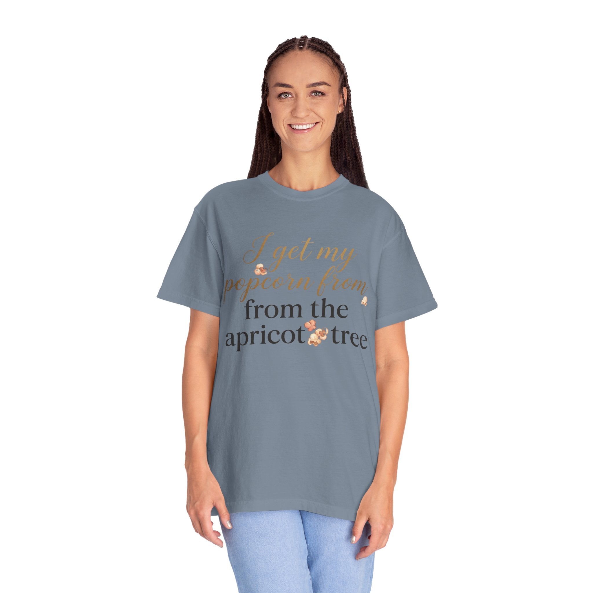 T-Shirt — “I Get My Popcorn From The Apricot Tree” Script Graphic Tee | Hymns | LDS |