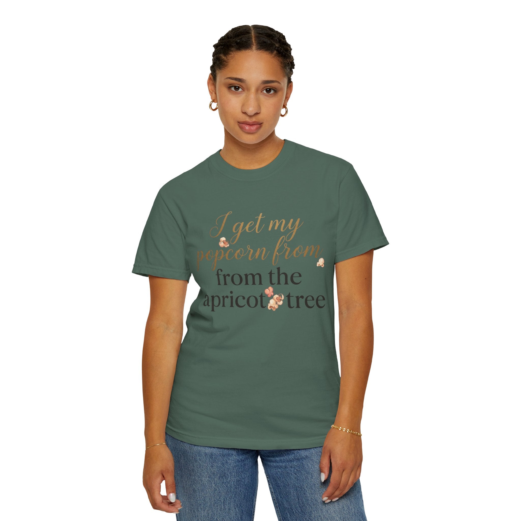 T-Shirt — “I Get My Popcorn From The Apricot Tree” Script Graphic Tee | Hymns | LDS |