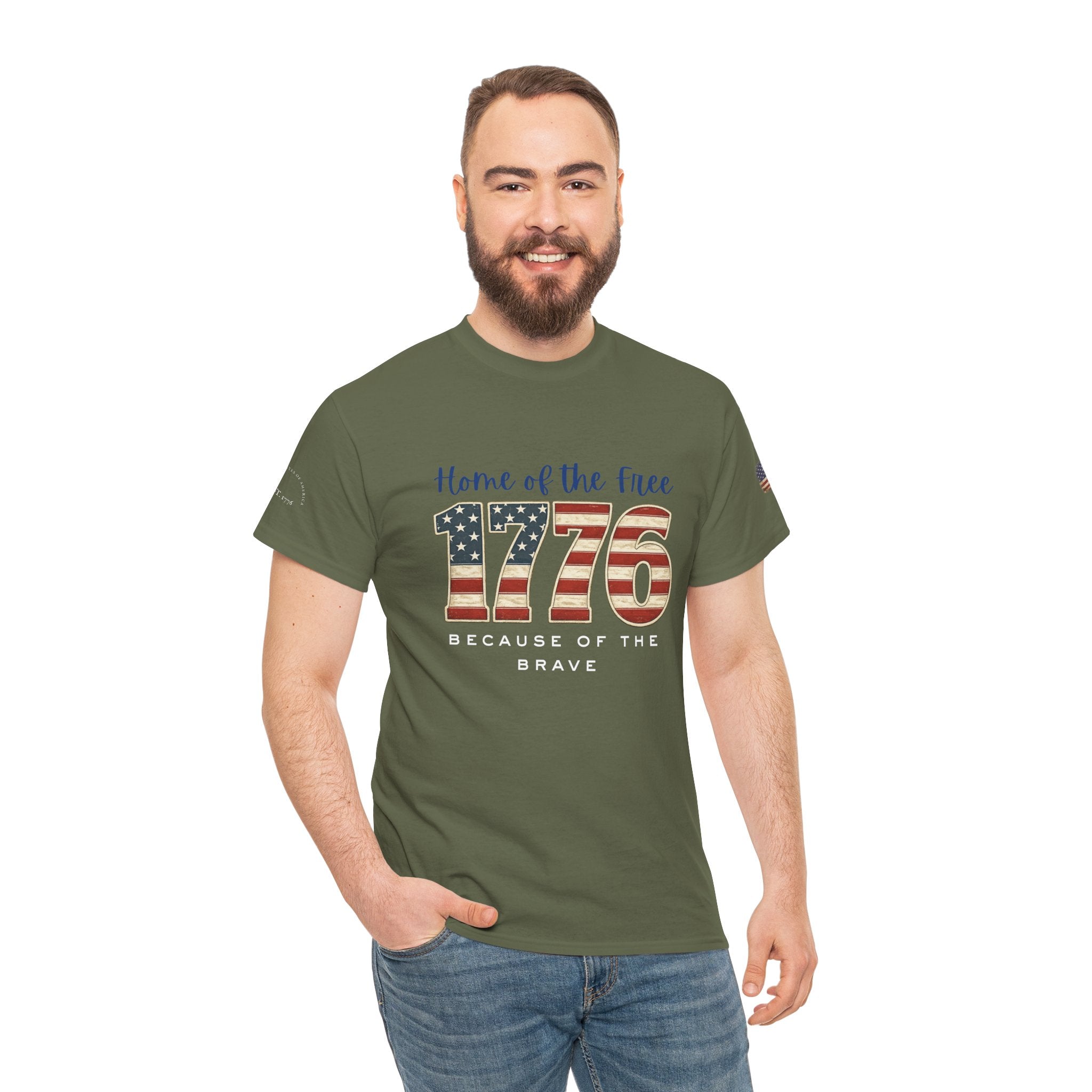 1776 American Flag Tee — "Home of the Free, Because of the Brave" Patriotic T-Shirt