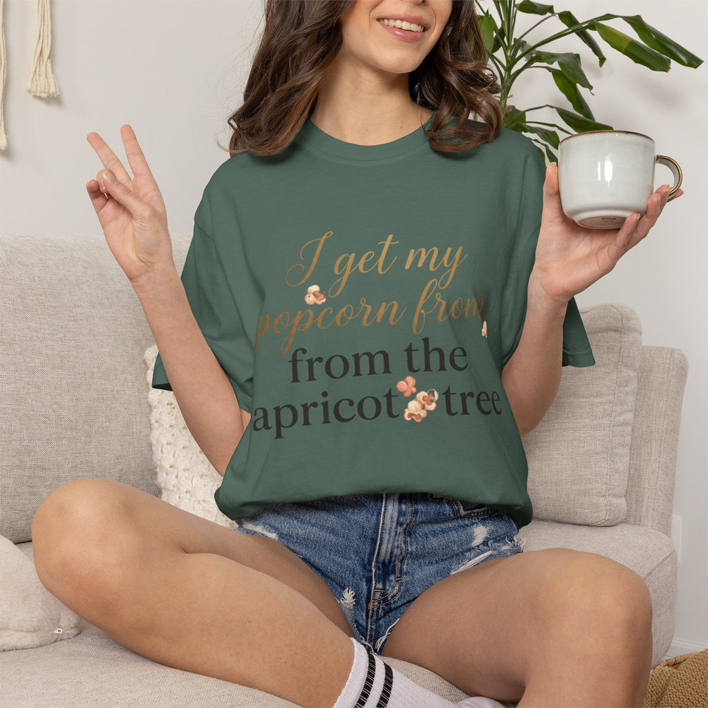 T-Shirt — “I Get My Popcorn From The Apricot Tree” Script Graphic Tee | Hymns | LDS |