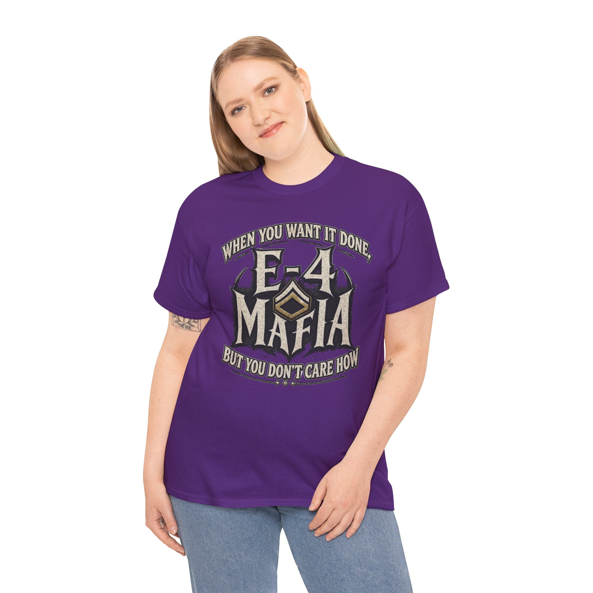 T-Shirt — "E-4 Mafia" Graphic Tee: "When You Want It Done, But You Don’t Care How" Vintage-Style Food Humor
