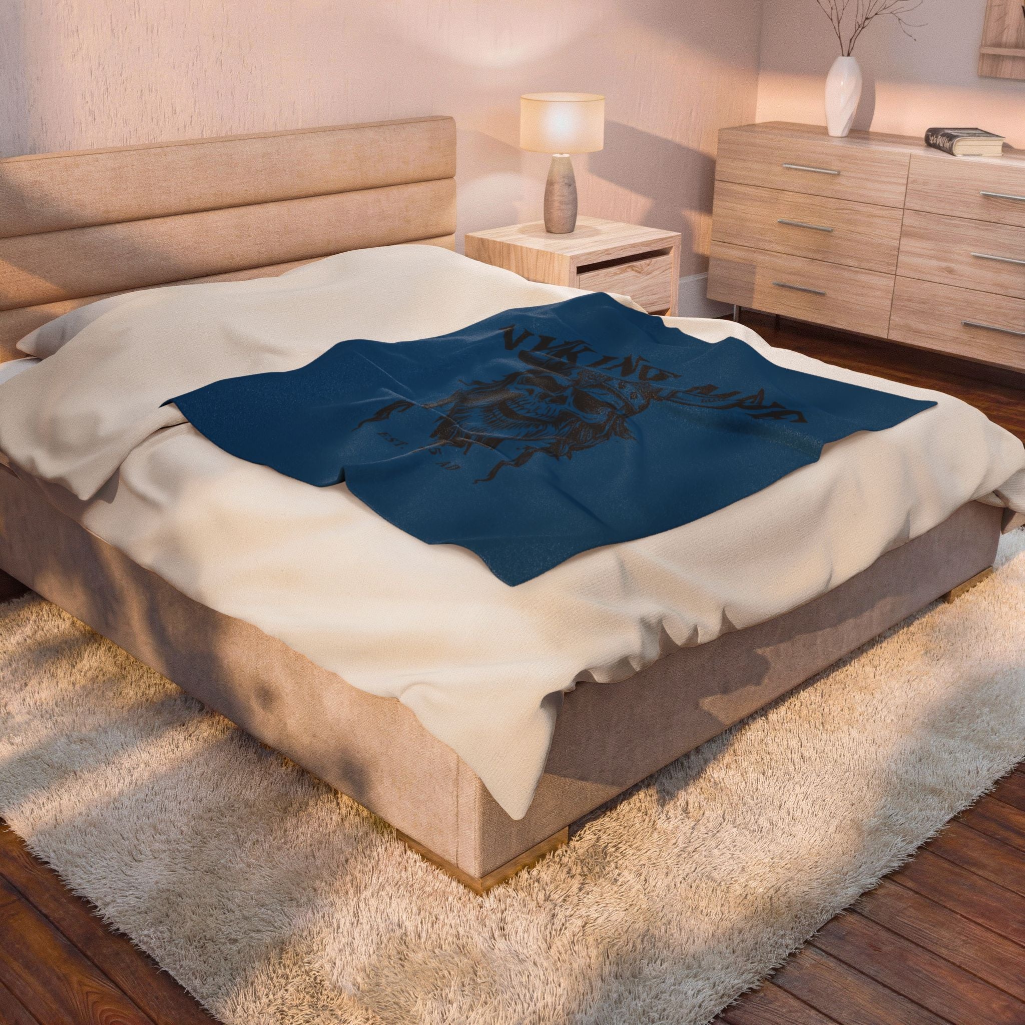 Viking Mode Skull with Horned Helmet Velveteen Blanket | Norse Warrior Design
