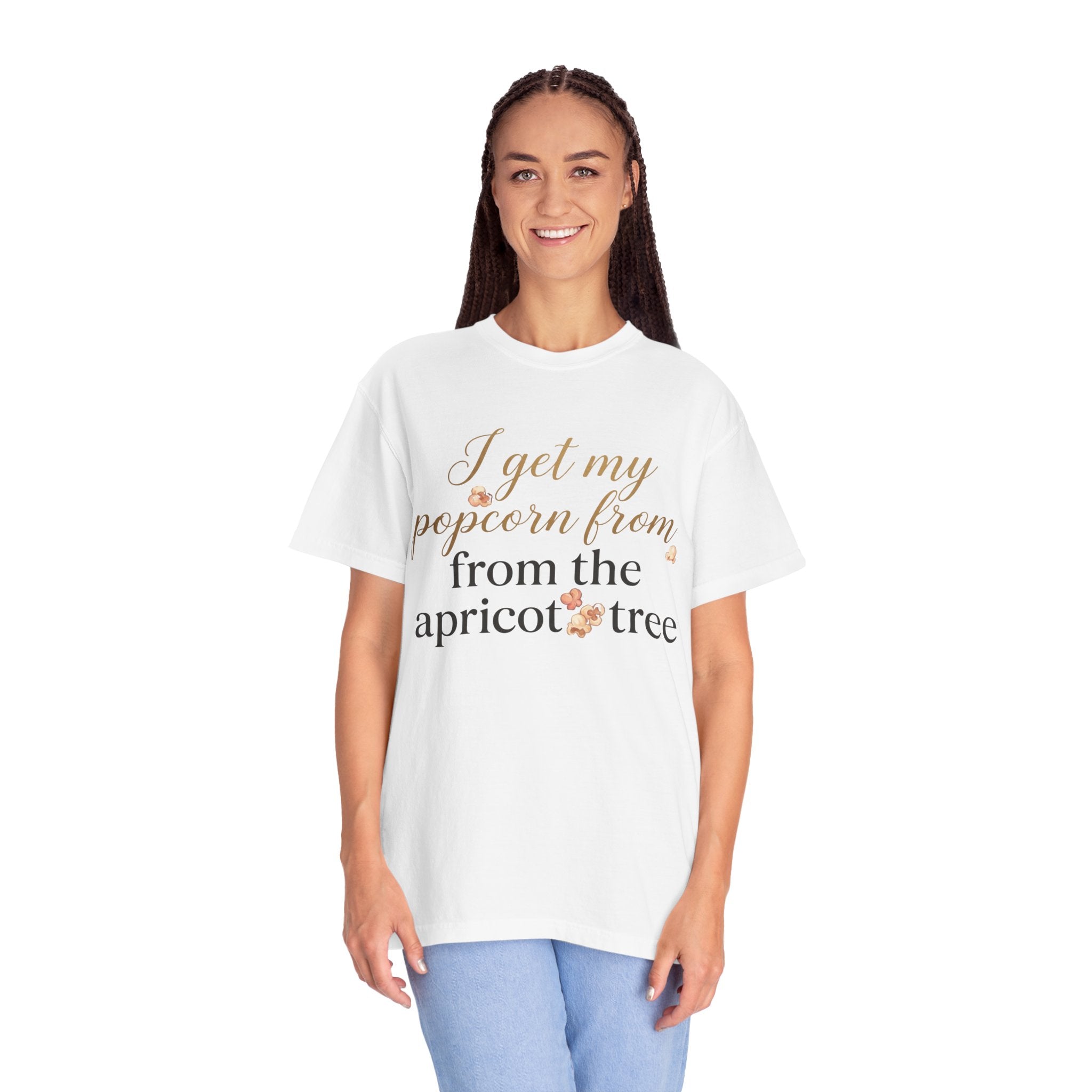 T-Shirt — “I Get My Popcorn From The Apricot Tree” Script Graphic Tee | Hymns | LDS |