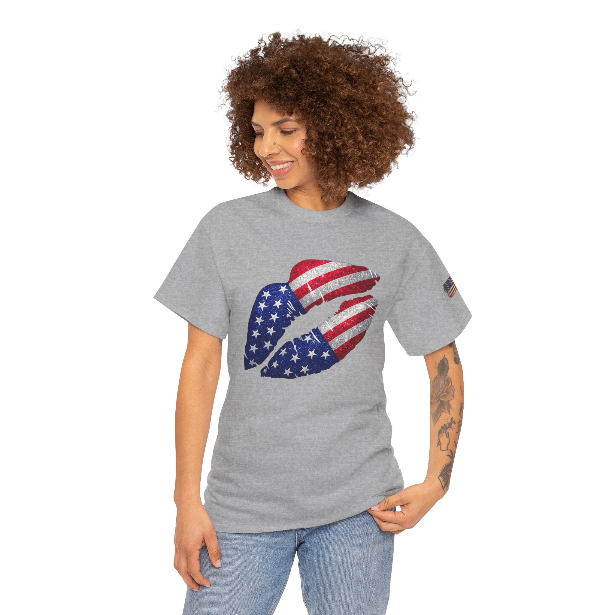 American Flag Kiss T‑Shirt – Patriotic USA Lip Print Tee for 4th of July
