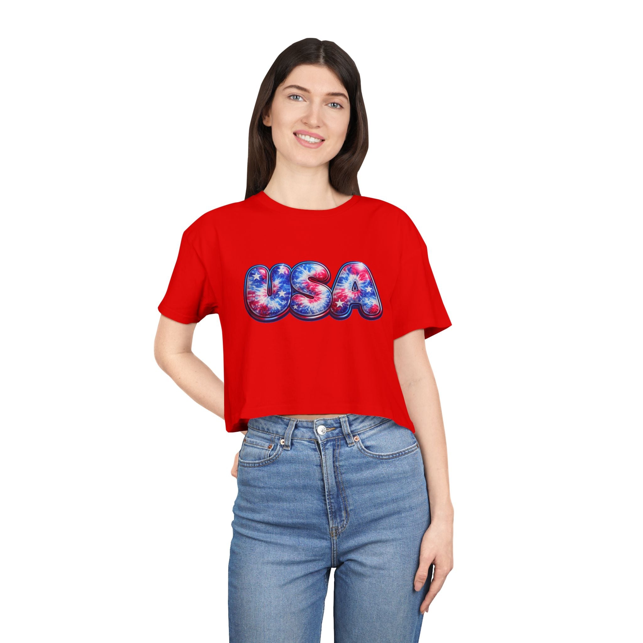 USA Tie-Dye Puff Letter Crop Tee