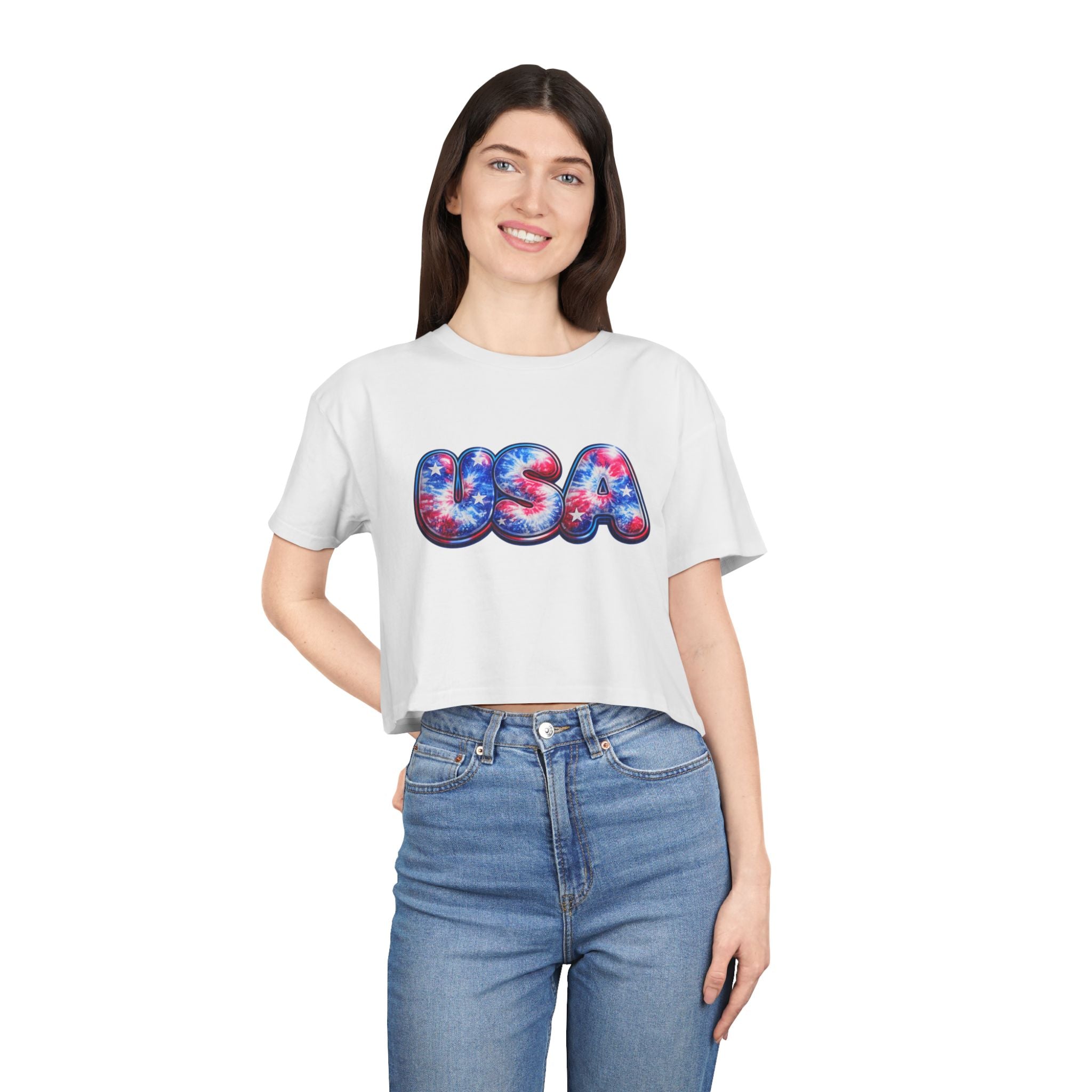 USA Tie-Dye Puff Letter Crop Tee