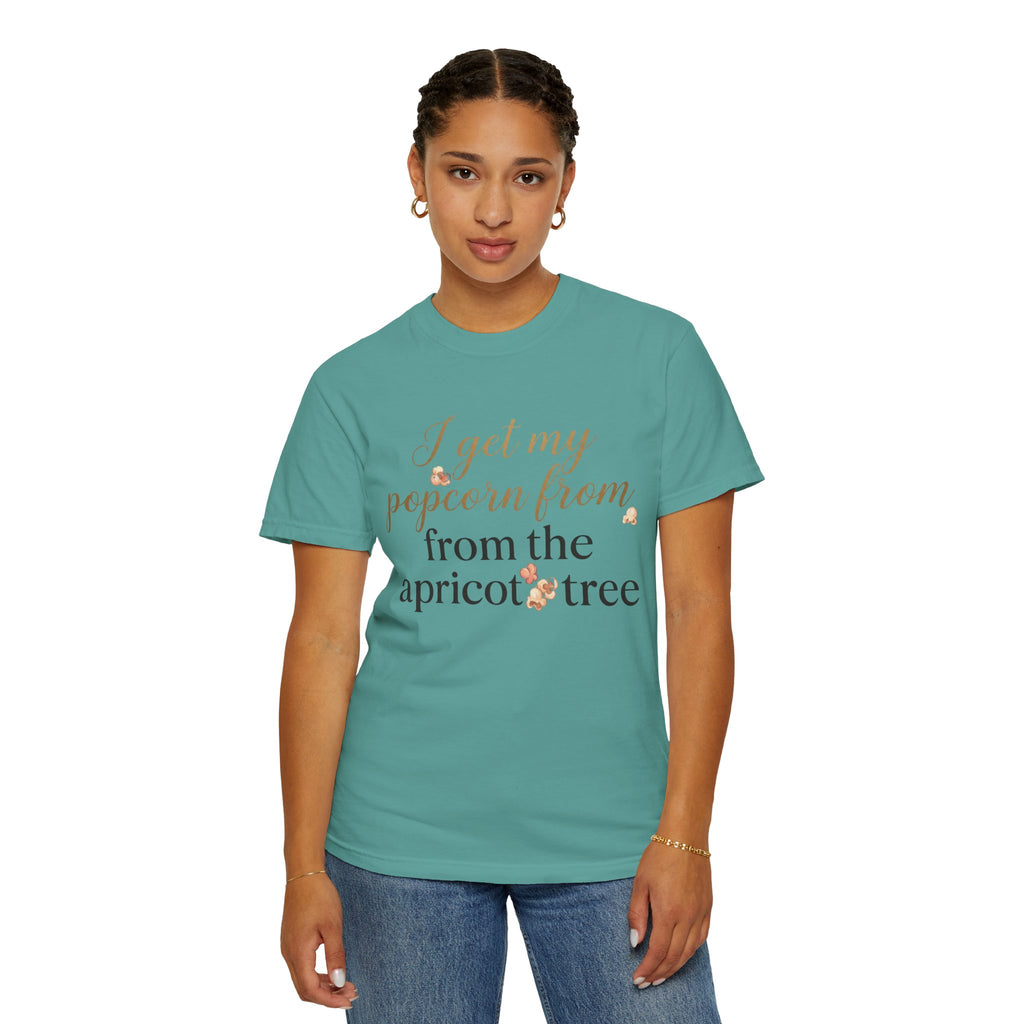 T-Shirt — “I Get My Popcorn From The Apricot Tree” Script Graphic Tee | Hymns | LDS |