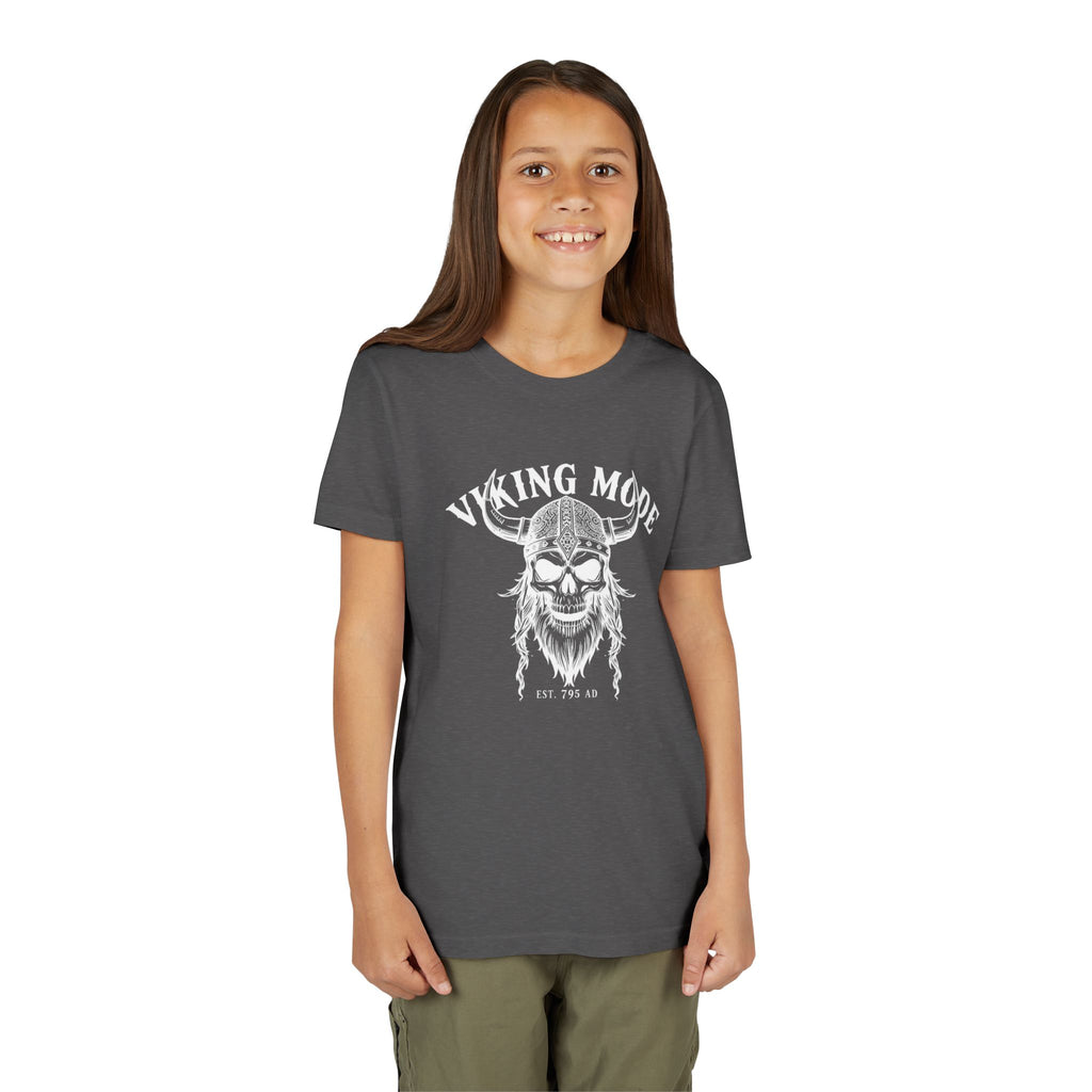 Viking Mode Youth T‑Shirt — Skull Horned Helmet Graphic Tee for Kids