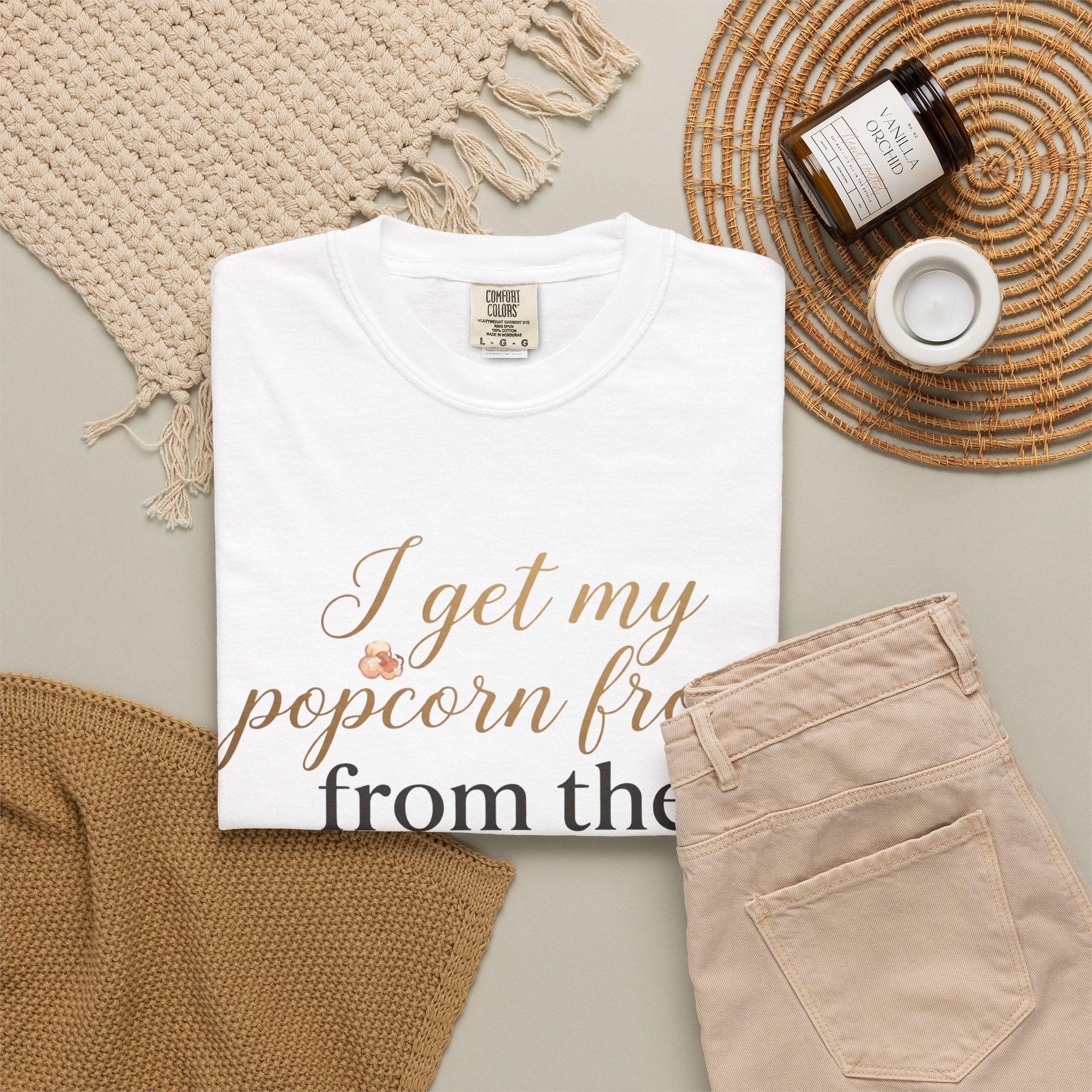 T-Shirt — “I Get My Popcorn From The Apricot Tree” Script Graphic Tee | Hymns | LDS |