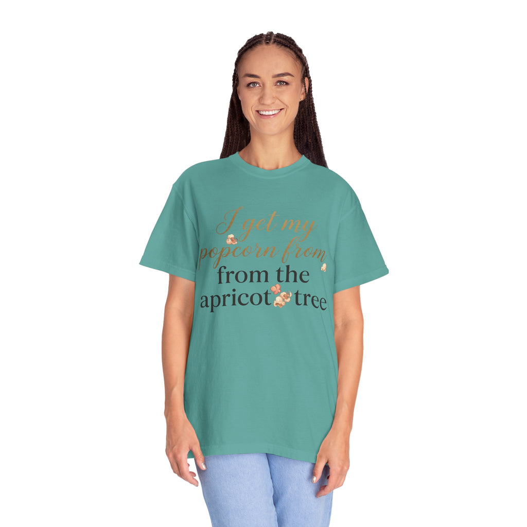 T-Shirt — “I Get My Popcorn From The Apricot Tree” Script Graphic Tee | Hymns | LDS |