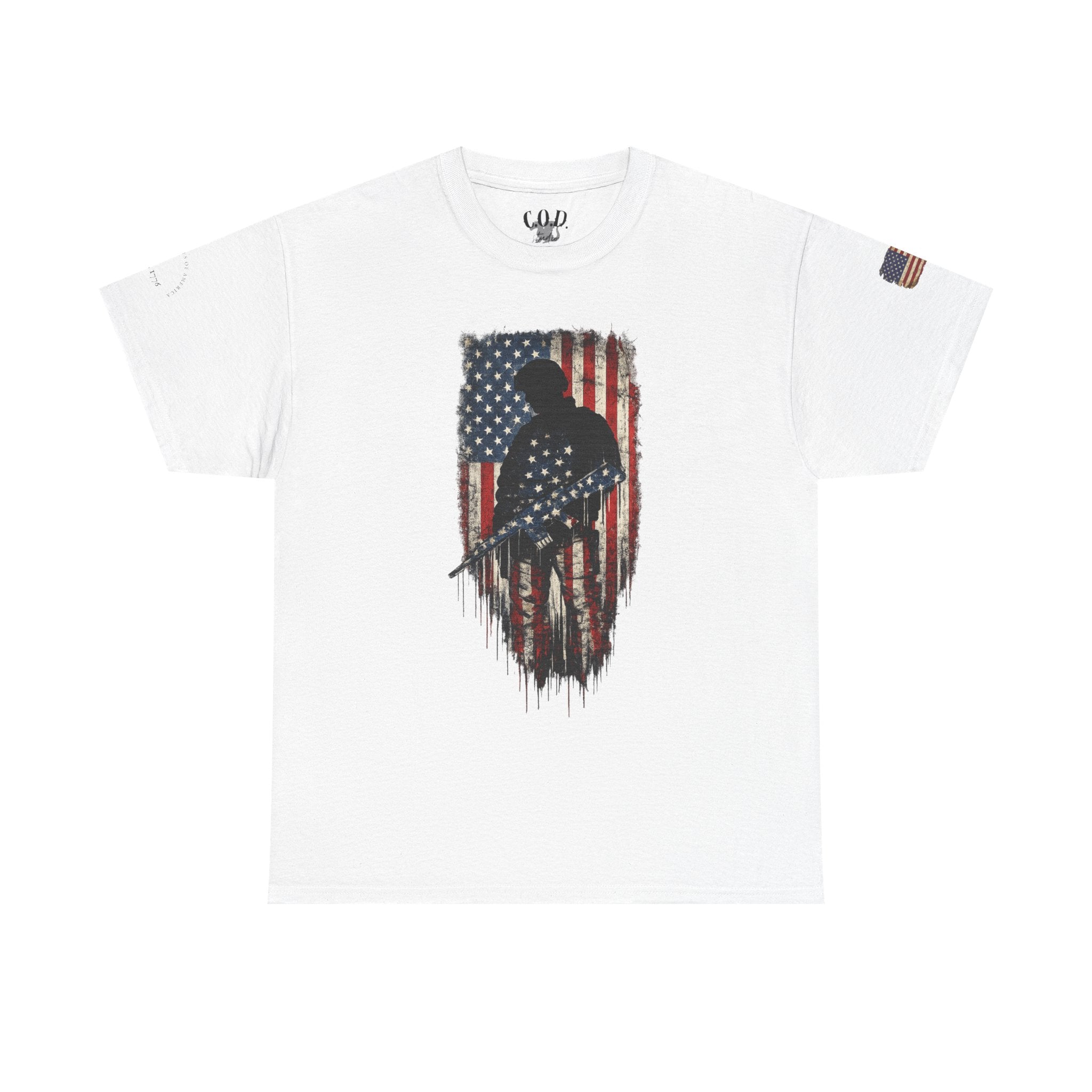 Patriotic Soldier Silhouette Tee — American Flag Military Veteran T-Shirt