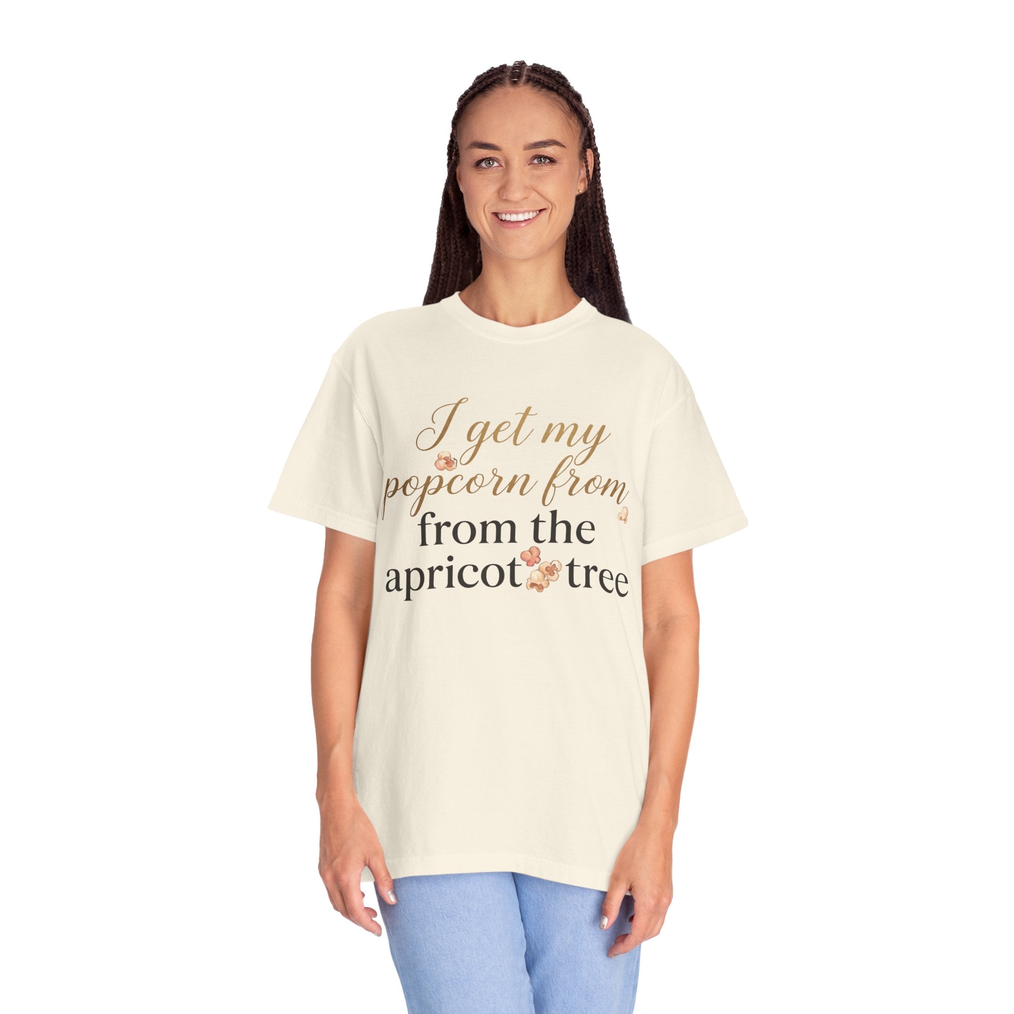 T-Shirt — “I Get My Popcorn From The Apricot Tree” Script Graphic Tee | Hymns | LDS |