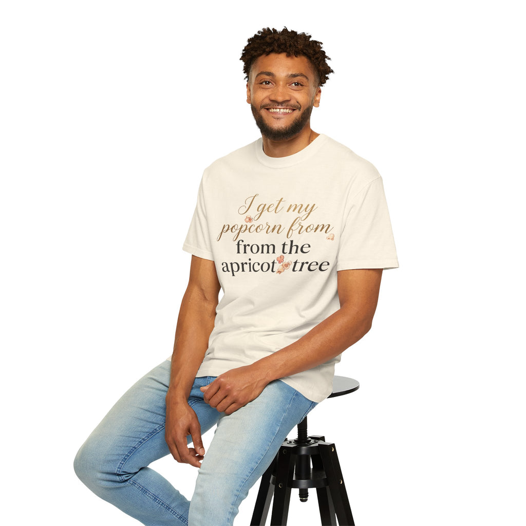 T-Shirt — “I Get My Popcorn From The Apricot Tree” Script Graphic Tee | Hymns | LDS |