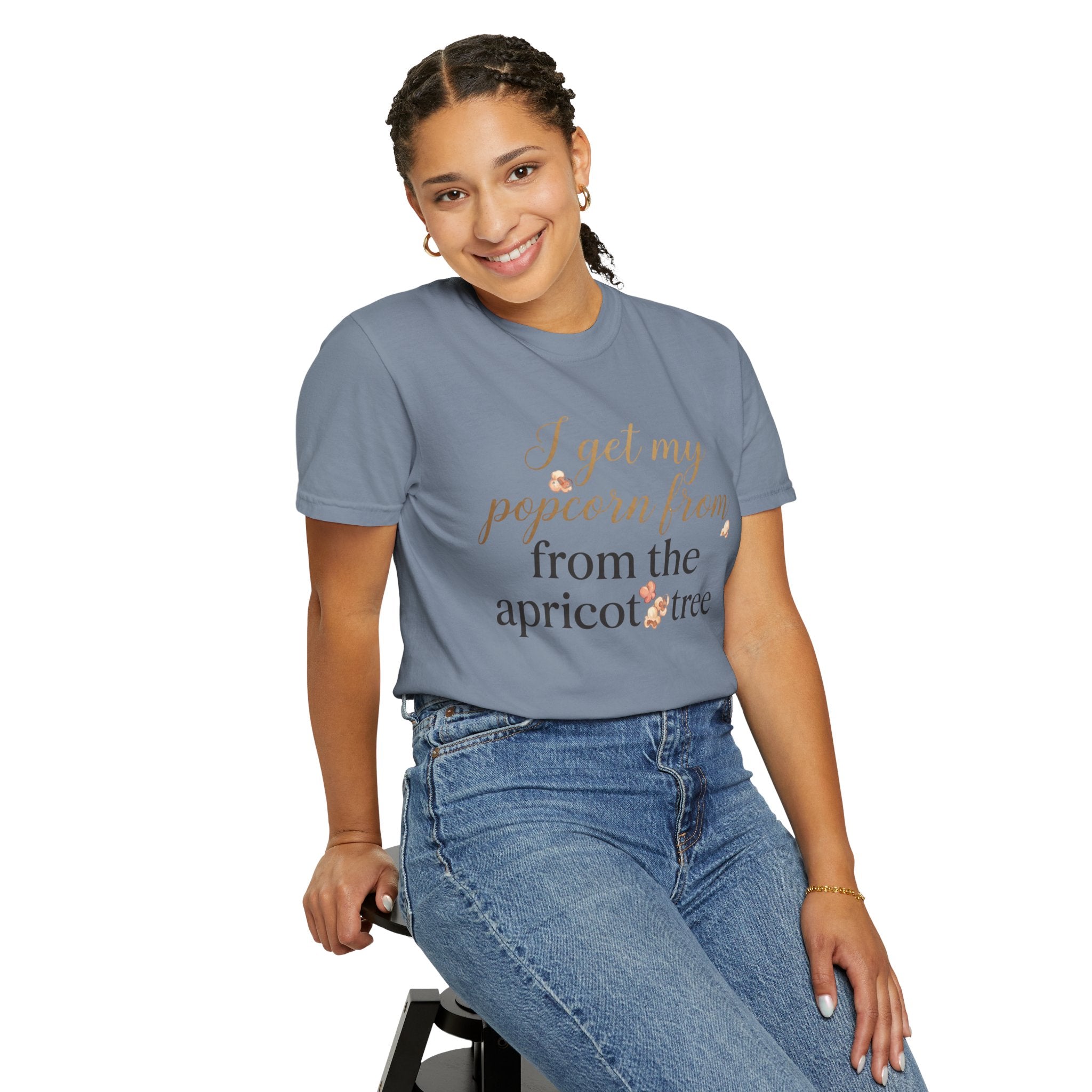 T-Shirt — “I Get My Popcorn From The Apricot Tree” Script Graphic Tee | Hymns | LDS |