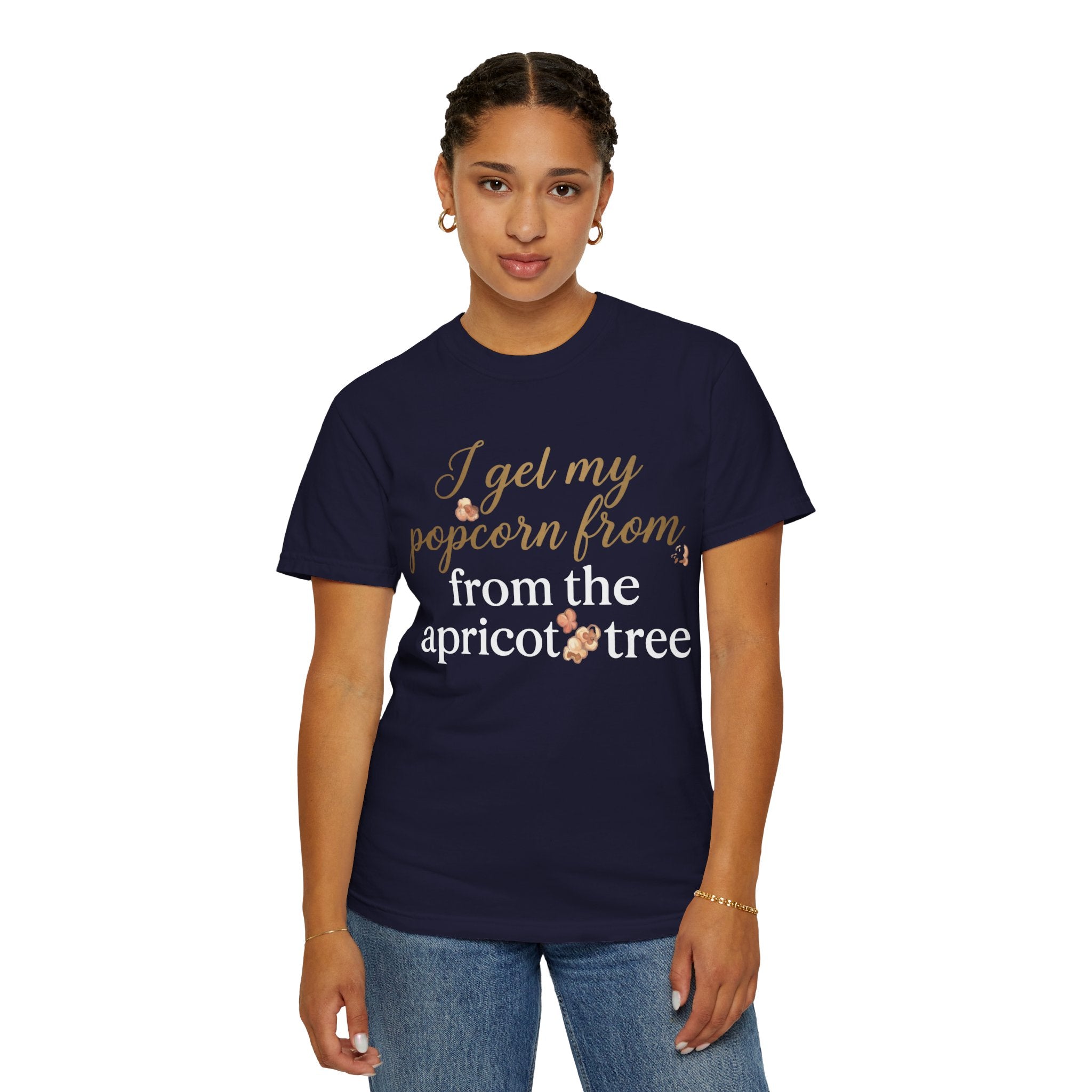 T-Shirt — “I Get My Popcorn From The Apricot Tree” Script Graphic Tee | Hymns | LDS |