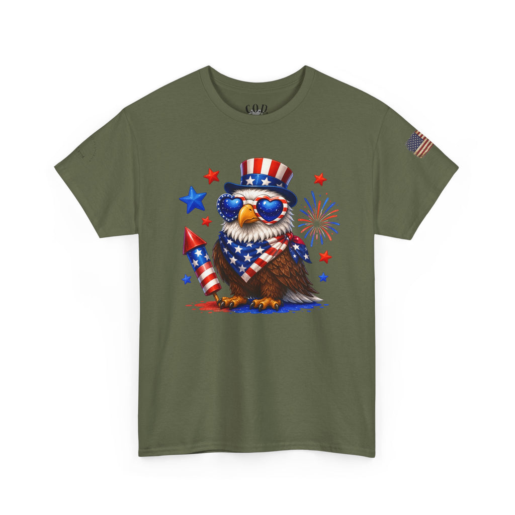 Patriotic Eagle Tee — 4th of July Uncle Sam Hat & Firework Graphic