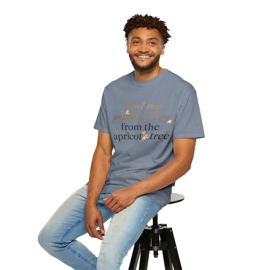 T-Shirt — “I Get My Popcorn From The Apricot Tree” Script Graphic Tee | Hymns | LDS |