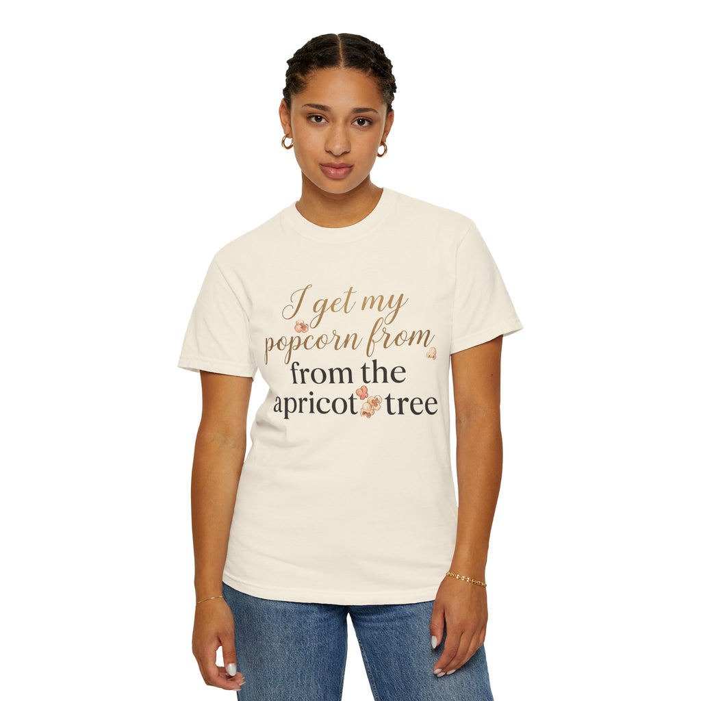 T-Shirt — “I Get My Popcorn From The Apricot Tree” Script Graphic Tee | Hymns | LDS |