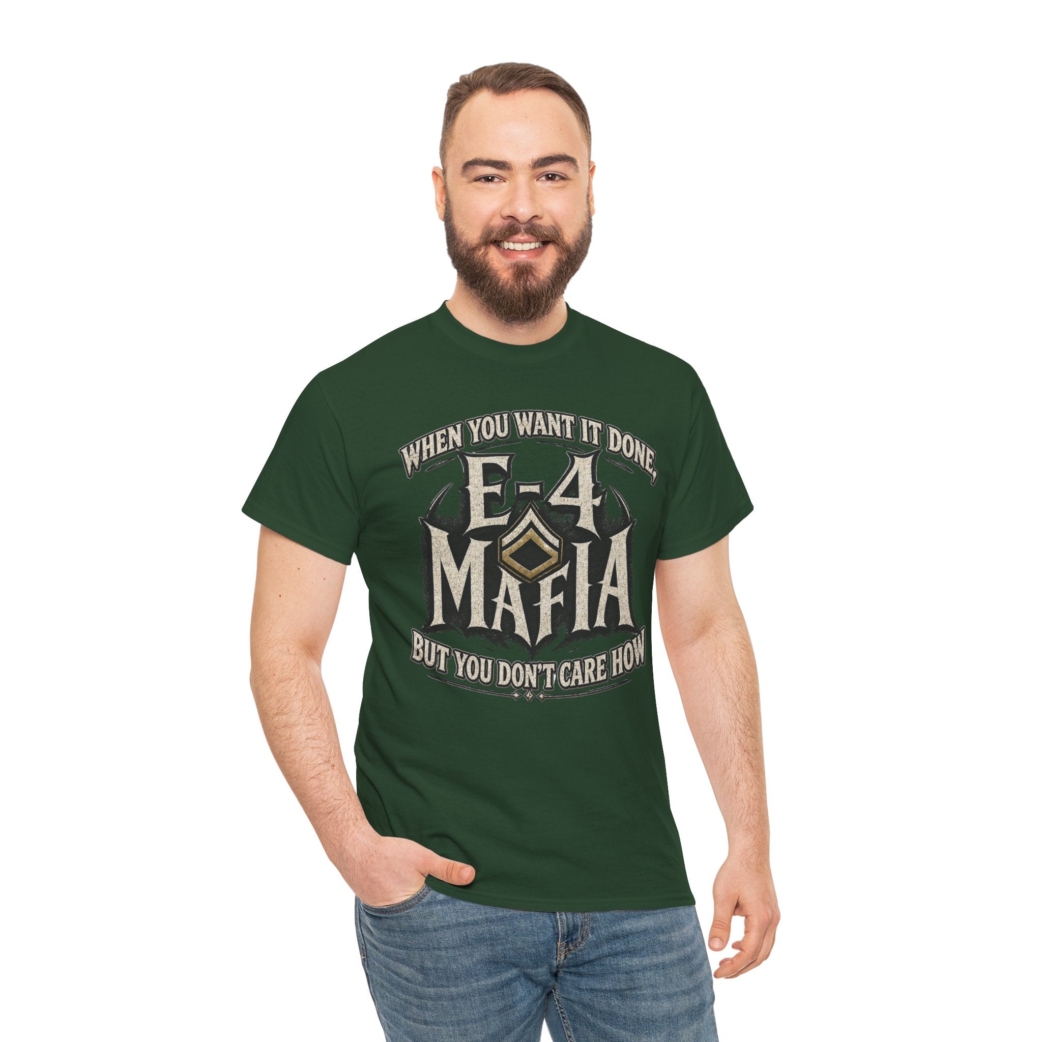 T-Shirt — "E-4 Mafia" Graphic Tee: "When You Want It Done, But You Don’t Care How" Vintage-Style Food Humor
