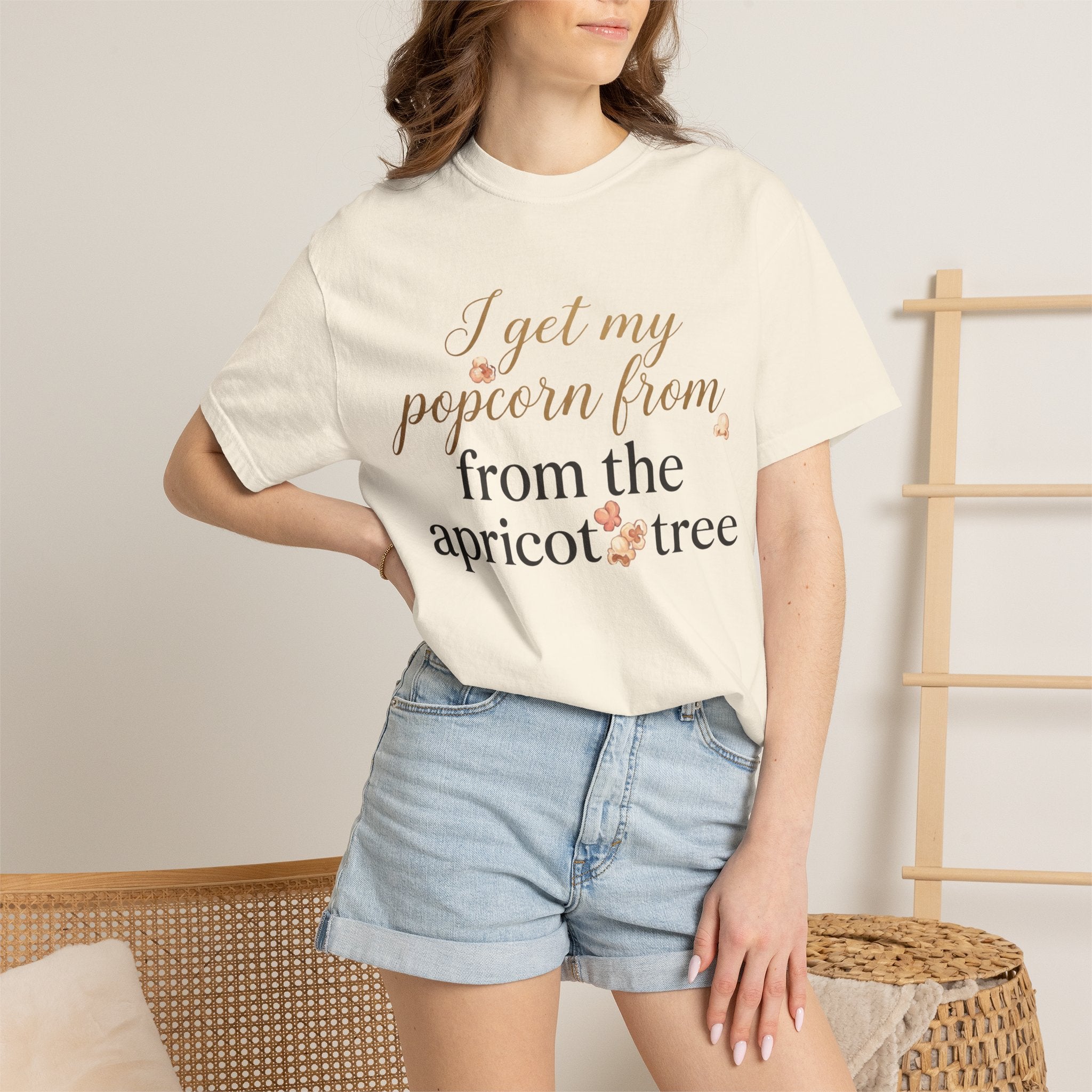 T-Shirt — “I Get My Popcorn From The Apricot Tree” Script Graphic Tee | Hymns | LDS |