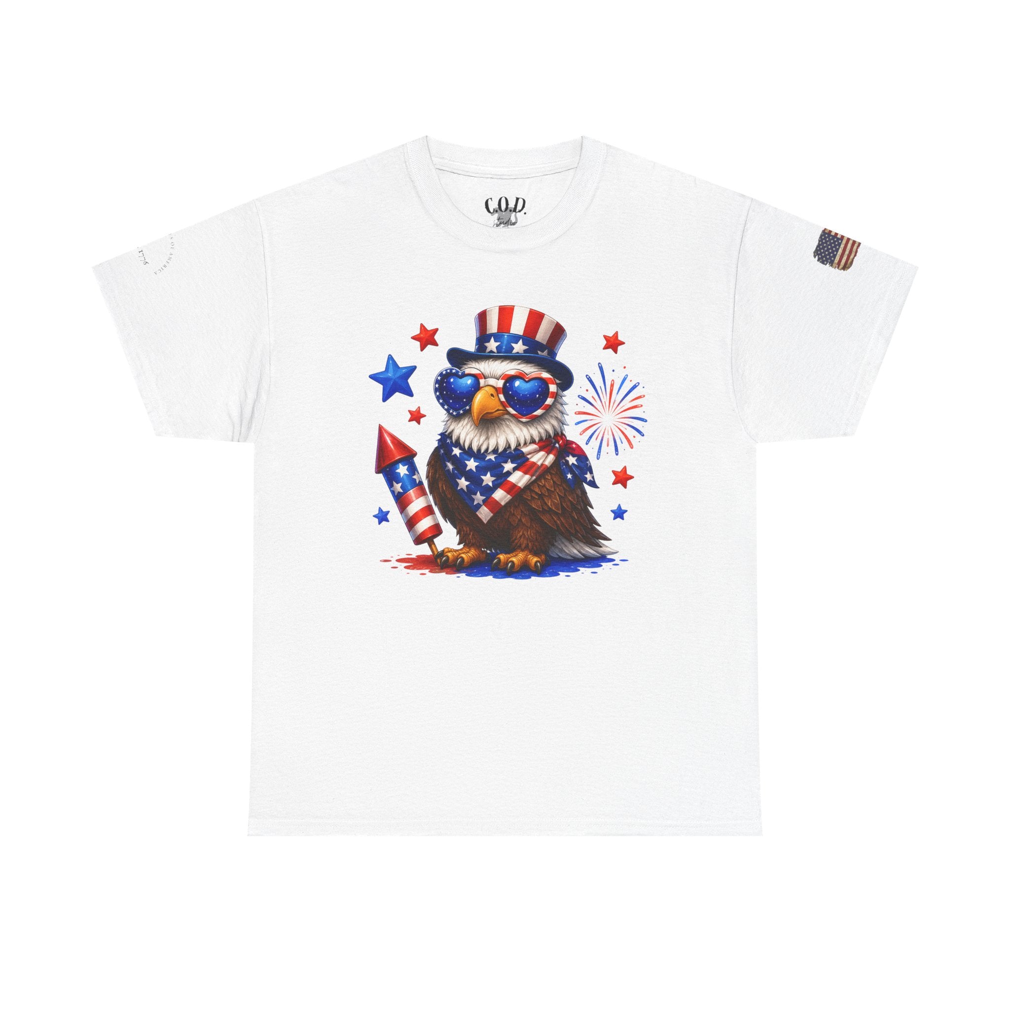 Patriotic Eagle Tee — 4th of July Uncle Sam Hat & Firework Graphic